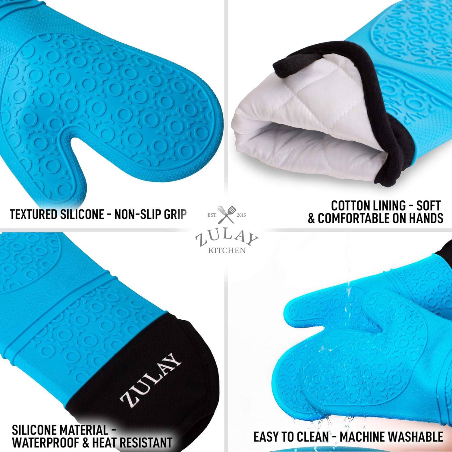 - TEXTURED SILICONE - NON-SLIP GRIP
- COTTON LINING - SOFT & COMFORTABLE ON HANDS
- SILICONE MATERIAL - WATERPROOF & HEAT RESISTANT
- EASY TO CLEAN - MACHINE WASHABLE