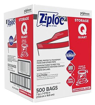 Sure, here is the corrected and grouped text from the image:

---

**Ziploc Brand**

**Storage Bags**

**Quart**

**Top Zip Bags**

**500 Bags**

**Commercial Pack**

**7 in x 7-7/16 in (17.8 cm x 18.8 cm)**

**Store, Protect & Transport Food and Other Items**

**Food Contact Safe**

**Manufactured to Meet FDA Requirements for Food Contact**

**Write-On Label**

**BPA Free**

**Caution:**

**SC Johnson**

**19800 Pack**

**70763**

**SC Johnson**

**Ziploc**

**Grip Seal**

**Stay Open**

**Top Zip**

**Top Zip Bags**

**SC Johnson**

**SC Johnson**

---

This text is organized to reflect the information on the packaging clearly and accurately.