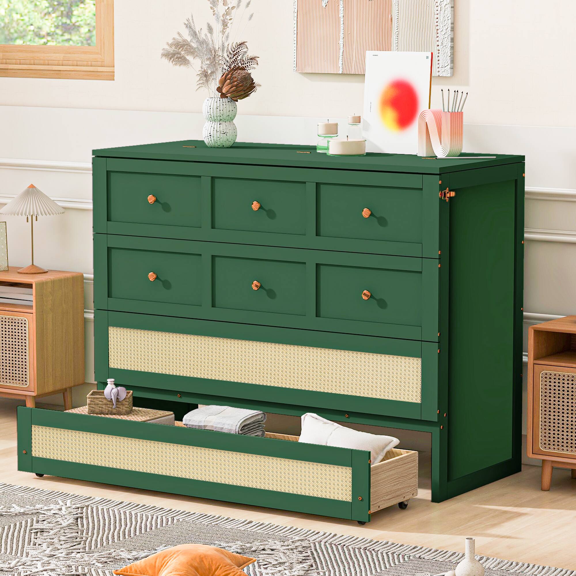 Left. Whisen - Full Size Murphy Bed,Space-Saving Foldable Bed Frame with Storage Drawers - Green.