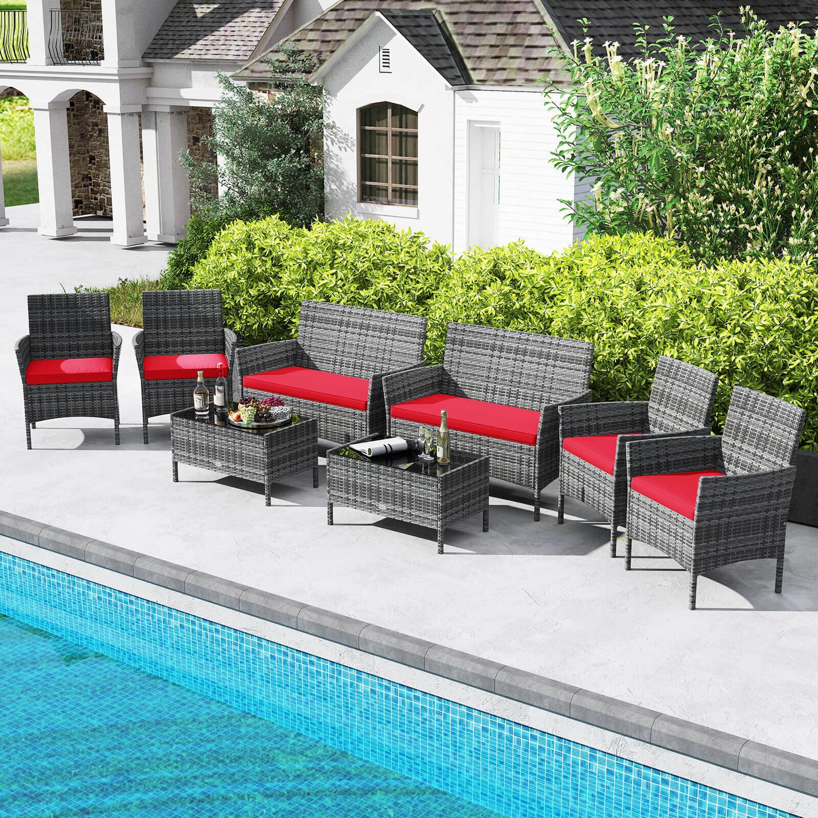 Alt View 3. Costway - Costway 8 PCS Patio Furniture Set with Washable Cushions and Tempered Glass Coffee Table - Red.