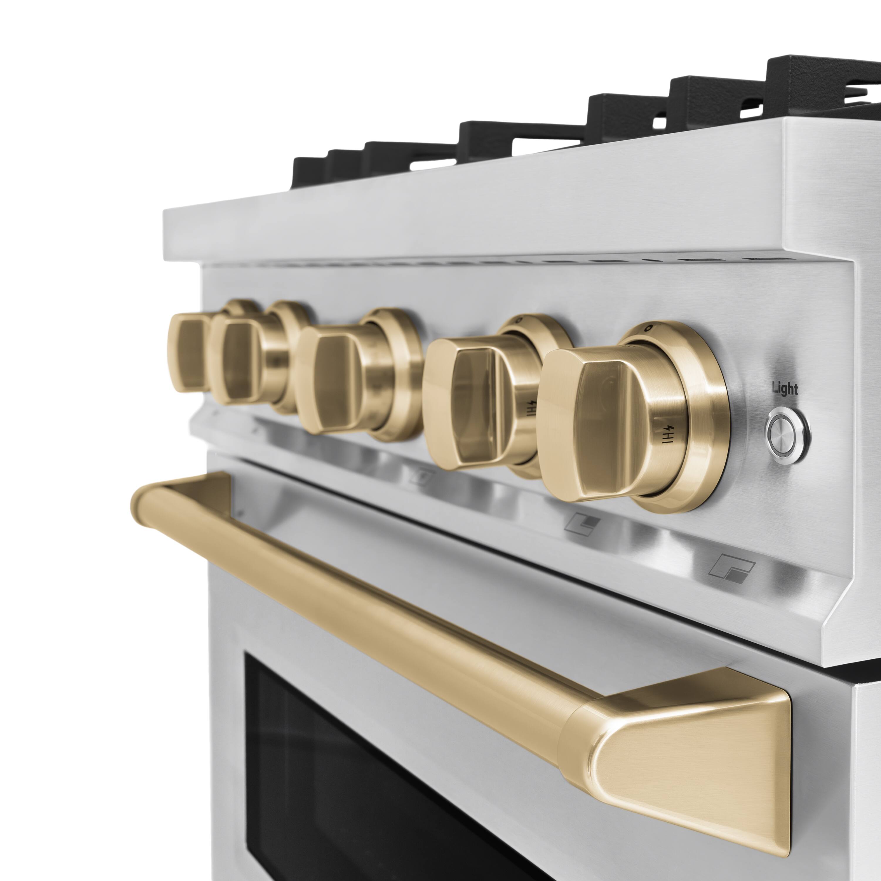 The text "Light IHS" does not seem to be relevant to the image. The image features a stainless steel oven with a gold knob and a black handle. The oven has a black and gold design, and it is a modern-looking appliance.