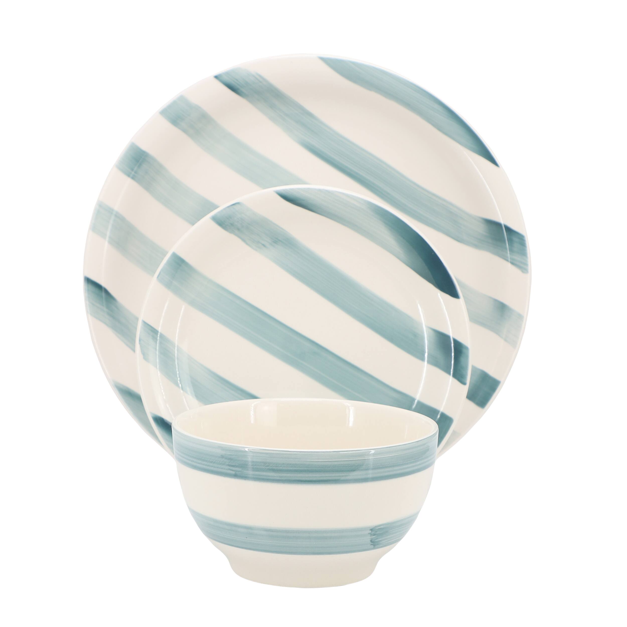 Alt View 1. Gibson - Gibson Home Kenwood Shores 12 Piece Stoneware Dinnerware Set in Blue Stripe - Blue Stripe.