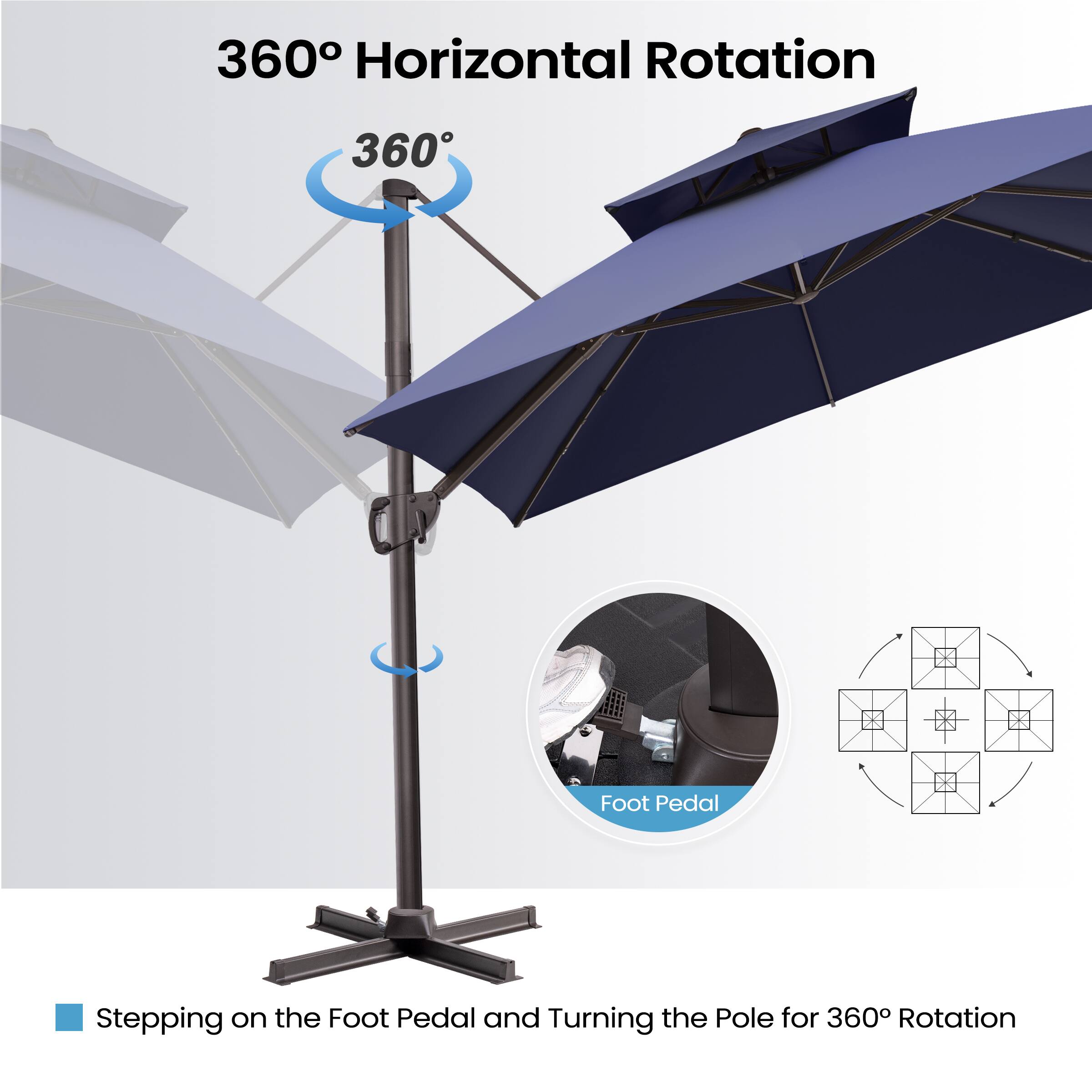 360° Horizontal Rotation

Stepping on the Foot Pedal and Turning the Pole for 360° Rotation

Foot Pedal