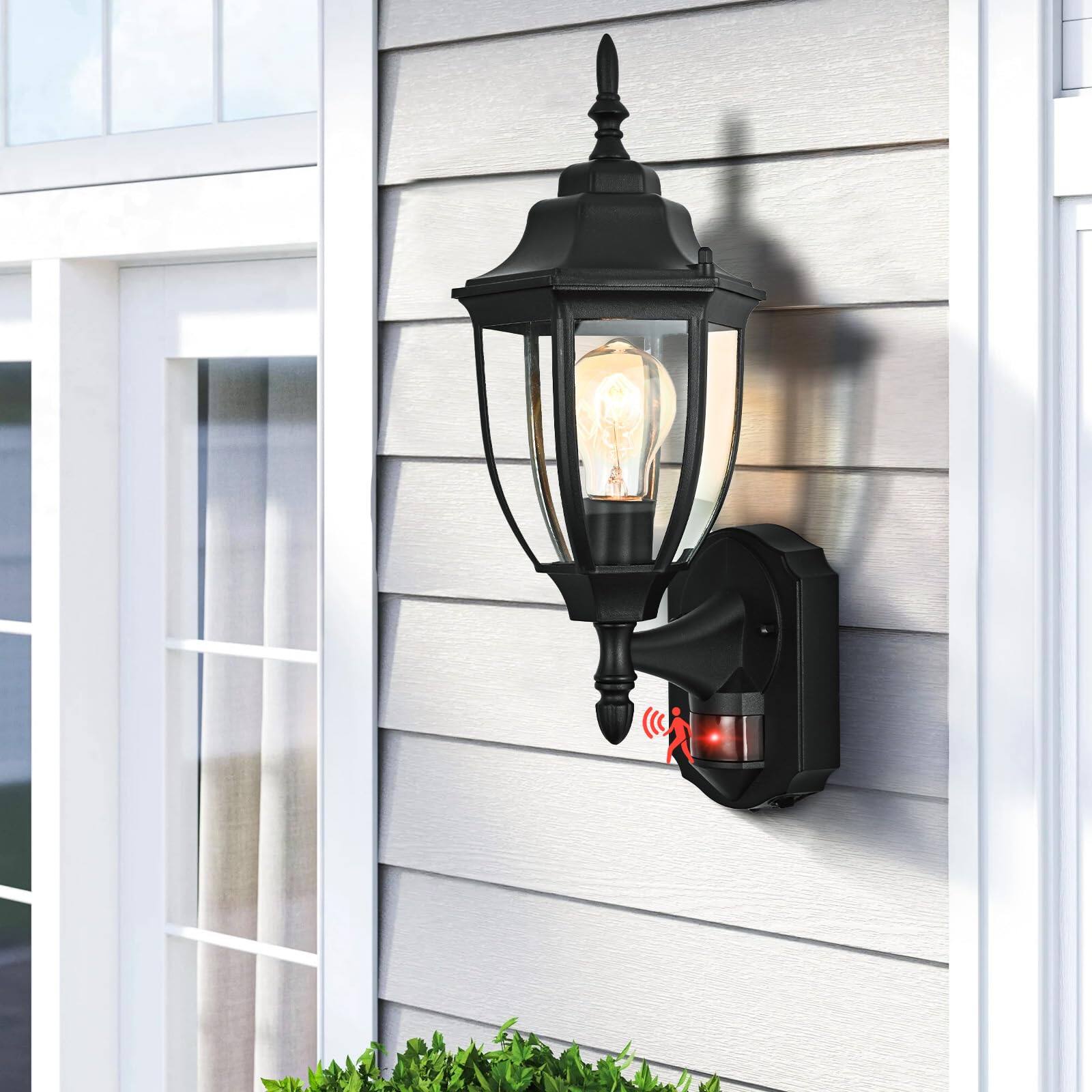Left. VEGA AUTOMOTIVE - Porch Lights Outdoor Motion Sensor Wall Sconce Anti rust Aluminum Exterior Dusk To Dawn Light Fixture Mount - Black 1 Pack.