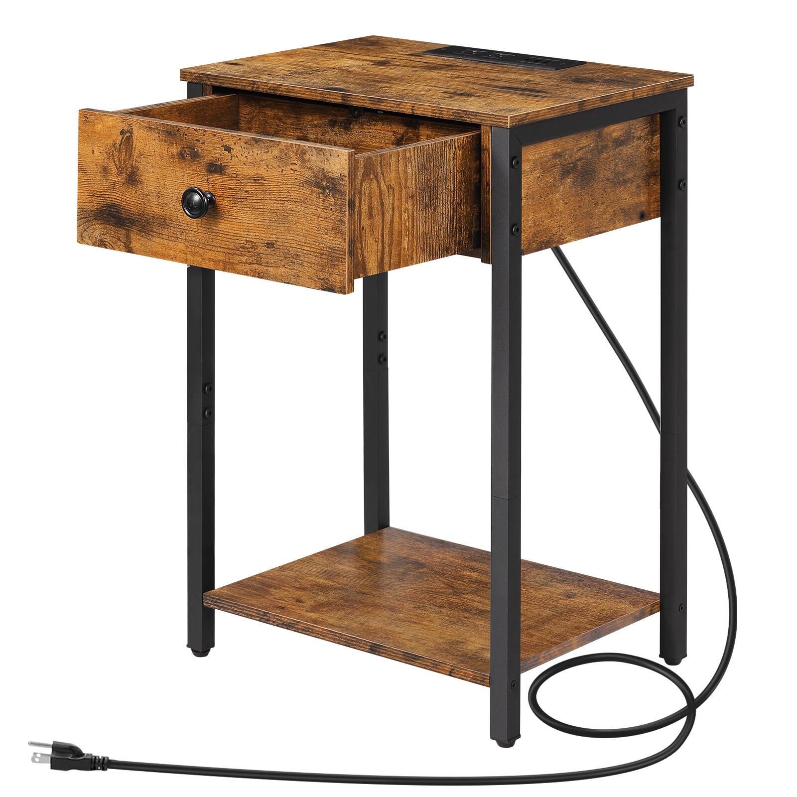 Angle. Oumilen - Rustic Brown Nightstand with Charging Station and Drawer - Brown.