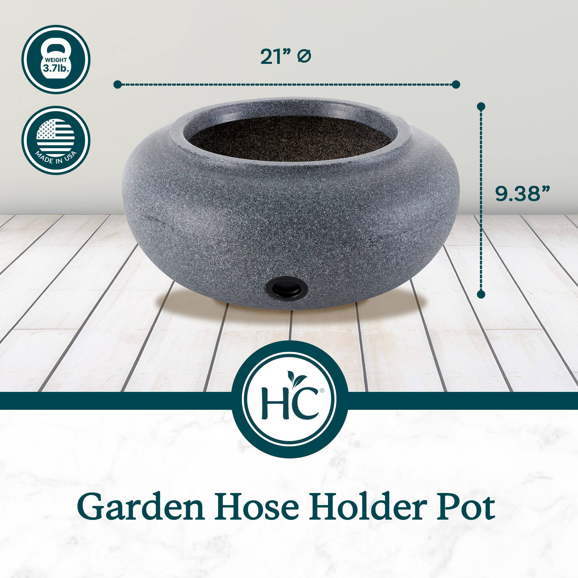 WEIGHT 3.7lb.  
21"  
MADE IN USA  
9.38" H  
Garden Hose Holder Pot