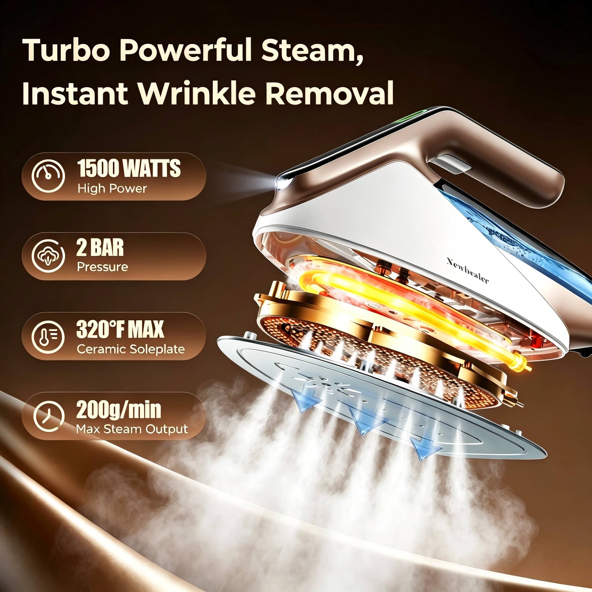Turbo Powerful Steam, Instant Wrinkle Removal

1500 WATTS High Power

2 BAR Pressure

320°F MAX Ceramic Soleplate

200g/min Max Steam Output