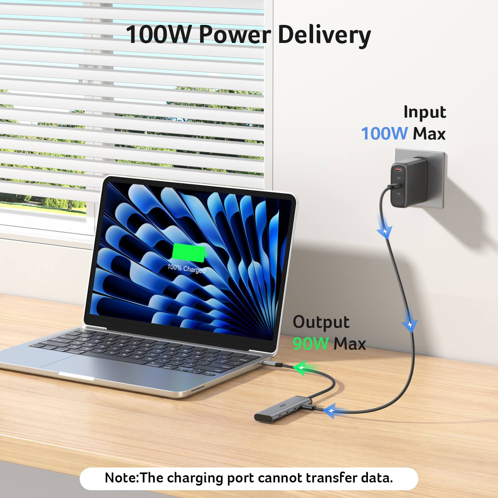 100W Power Delivery  
Input 100W Max  
100% Charged  

Output 90W Max  

Note: The charging port cannot transfer data.