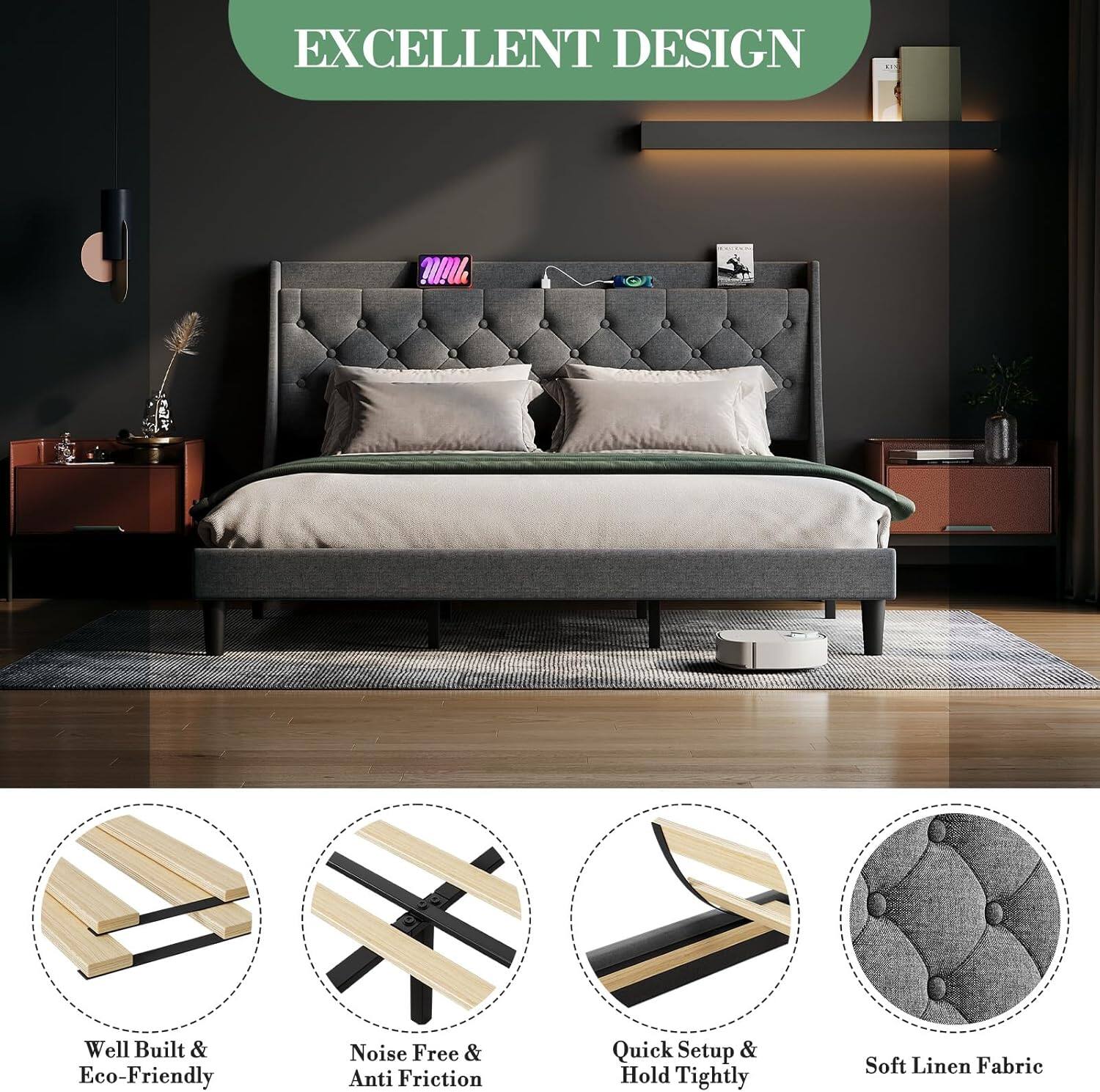 EXCELLENT DESIGN

- Well Built & Eco-Friendly
- Noise Free & Anti Friction
- Quick Setup & Hold Tightly
- Soft Linen Fabric