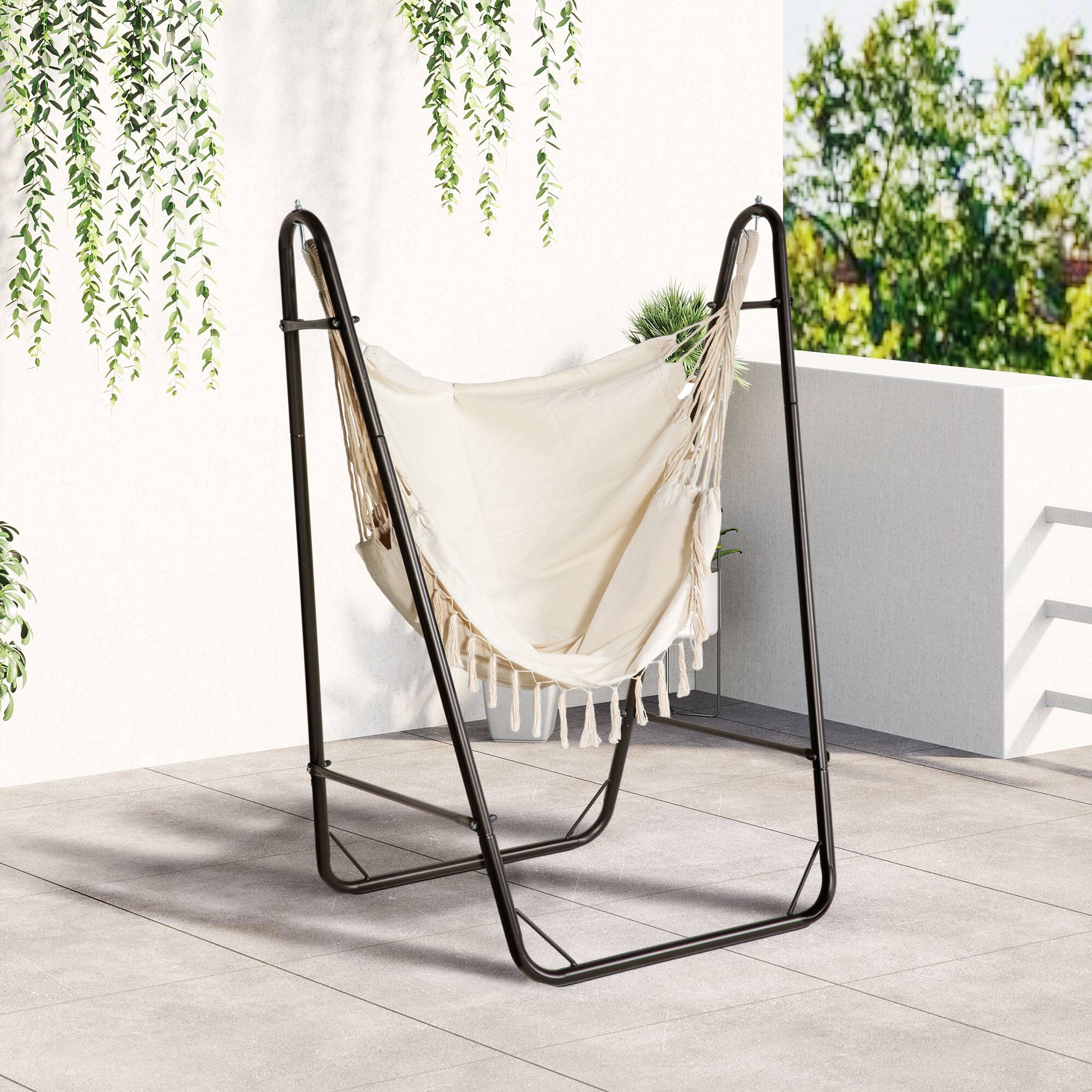 Alt View 1. Outsunny - Patio Hammock Chair with U Shape Stand, Outdoor Hammock Swing Hanging Lounge Chair with Side Pocket - Cream White.