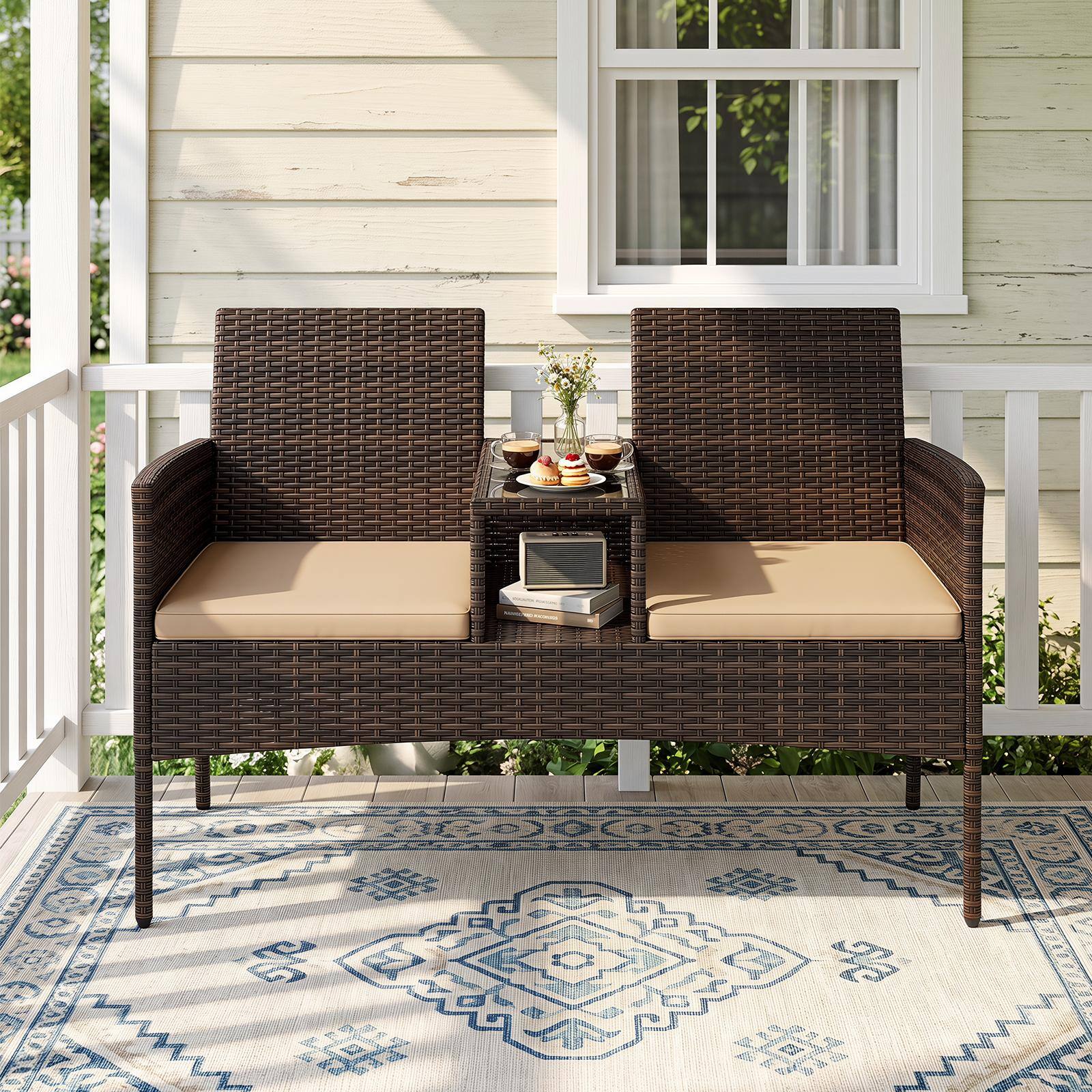 Alt View 3. Costway - Costway Patio Loveseat Wicker 2-Seat Conversation Set with Built-in Coffee Table, Cushions - Mixed Brown + Khaki.