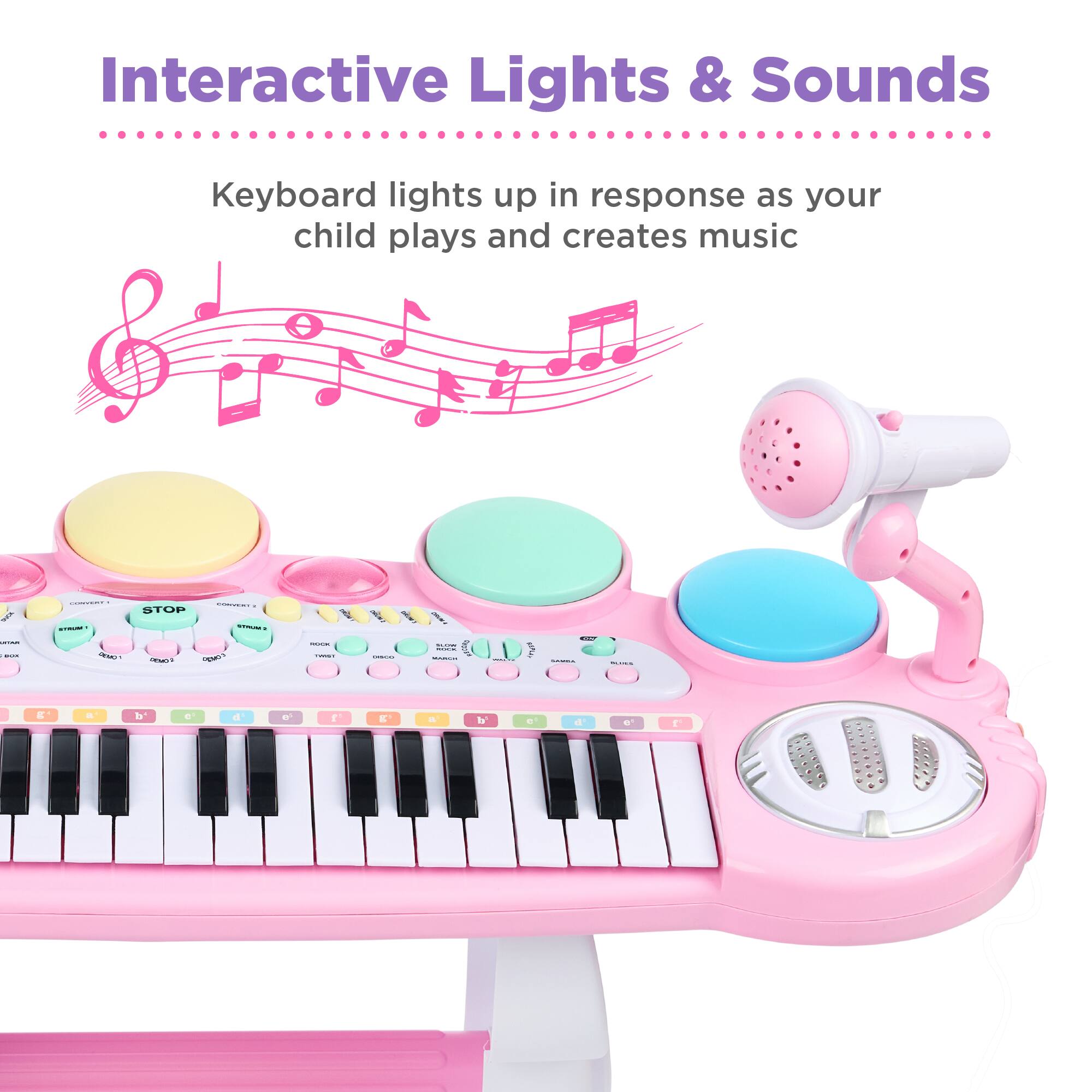 Interactive Lights & Sounds

Keyboard lights up in response as your child plays and creates music