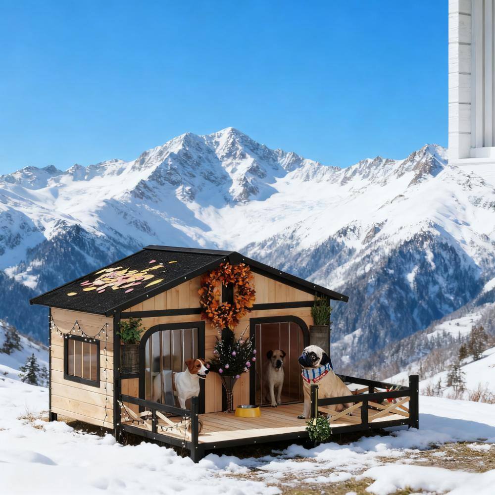Front. TinyHomie - Wooden Dog House Kennel Weatherproof Porch Openable Roof Removable Bottom.