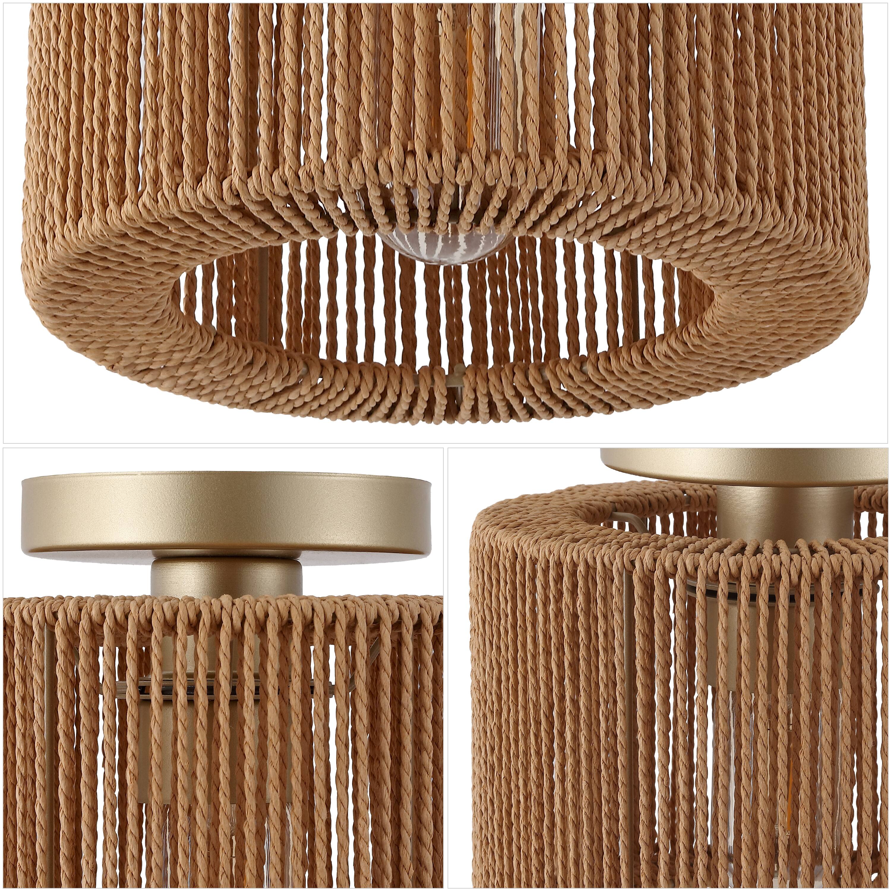 Alt View 4. Jonathan Y - Omar Set of 2 Modern 8" Gold Painting Metal Flush Mount with Brown Paper Cylinder Straight Weave Shade, for Bedroom - Brown.