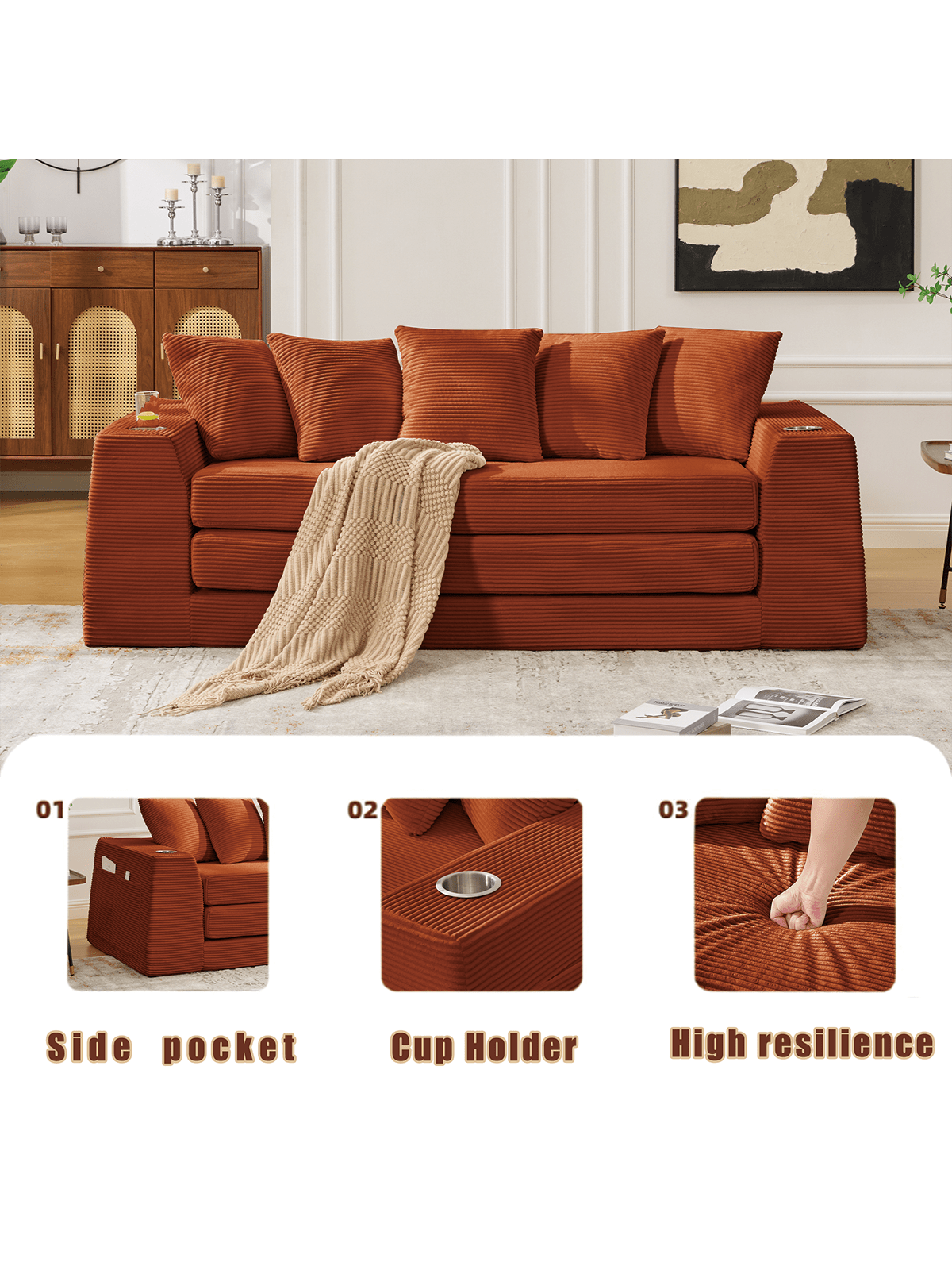 01 Side pocket  
02 Cup Holder  
03 High resilience