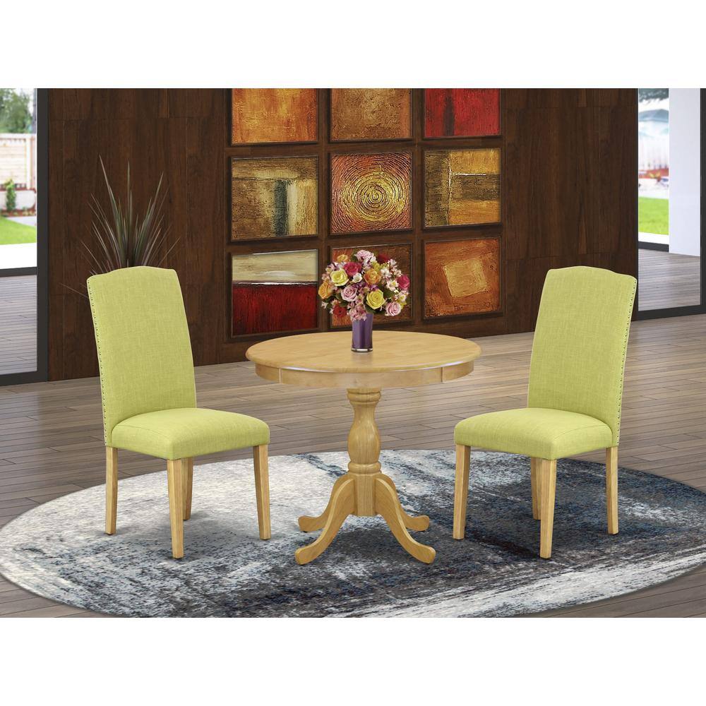 Alt View 2. East West Furniture - AMEN3-OAK-07 3 Piece DINETTE SET - 1 Dining Table and 2 Limelight Upholstered Dining Chairs - Oak Finish - Oak.