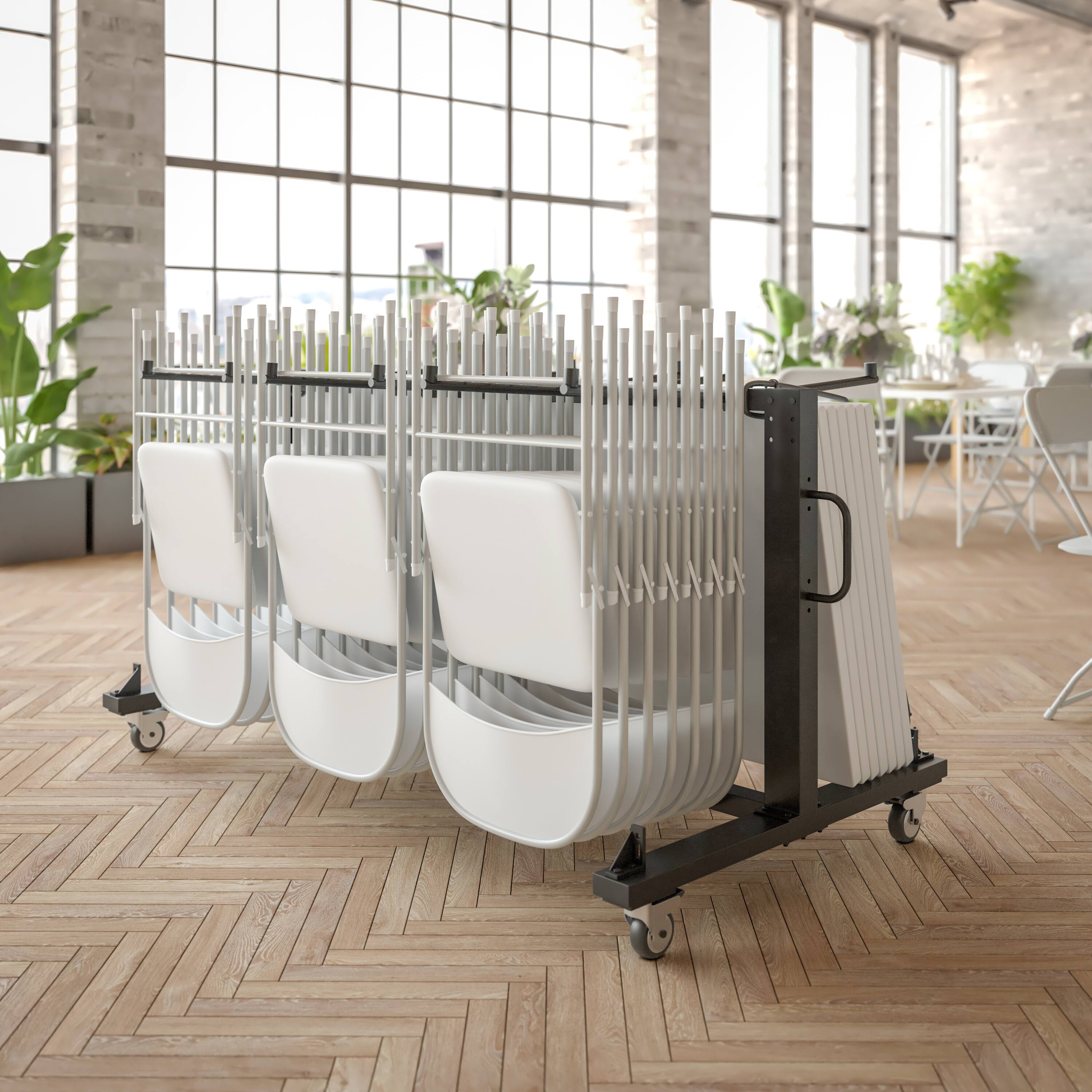 Alt View 1. Emma + Oliver - Kirk Heavy Duty Folding Table and Chairs Mobile Cart with Locking Wheels and Included Bungee Cords - Black.