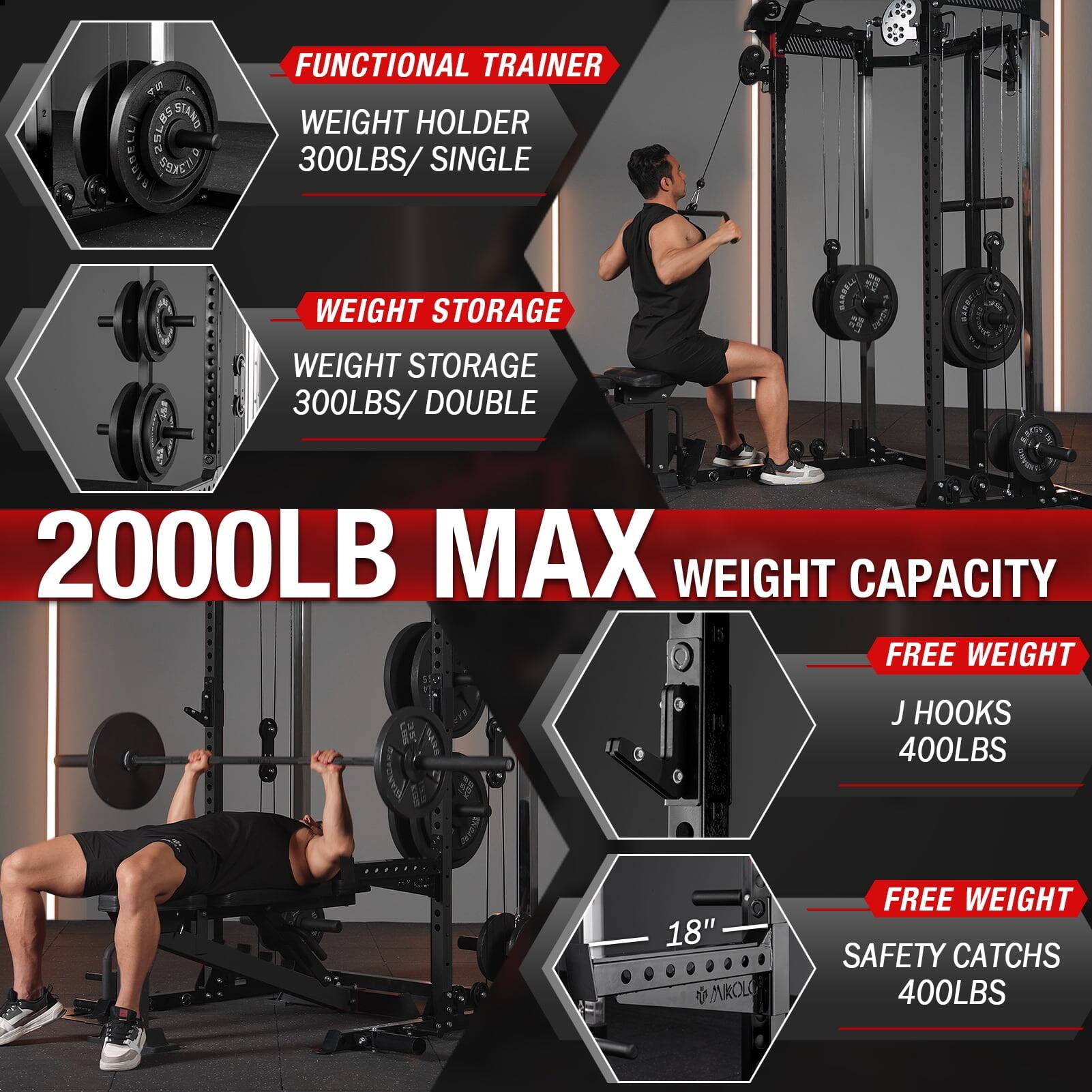 25LB5 STAND BARRELED FUNCTIONAL TRAINER WEIGHT HOLDER 300LBS/ SINGLE WEIGHT STORAGE WEIGHT STORAGE 300LBS/ DOUBLE 2000LB MAX WEIGHT CAPACITY FREE WEIGHT J HOOKS 400LBS 18" MROLO FREE WEIGHT SAFETY CATCHS 400LBS