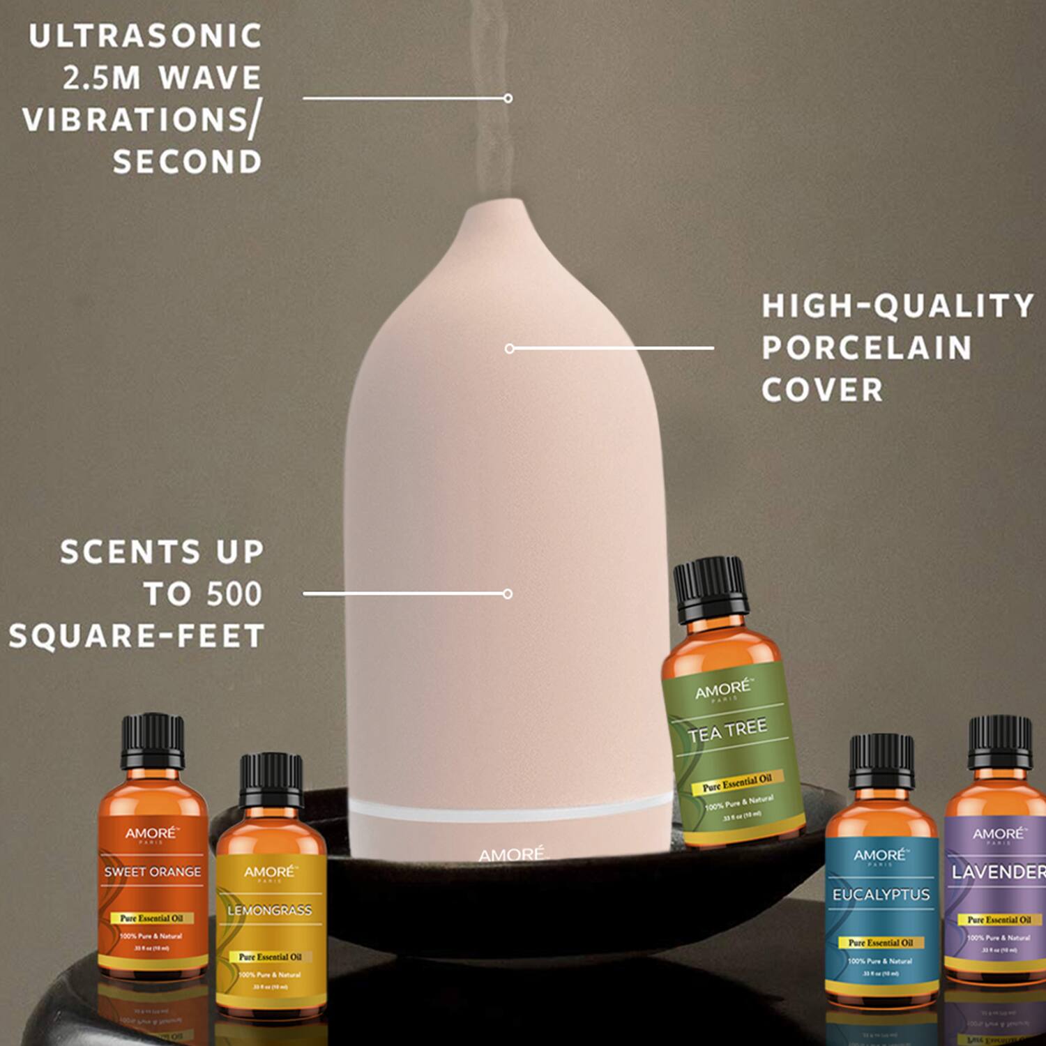 ULTRASONIC 2.5M WAVE VIBRATIONS/SECOND  
HIGH-QUALITY PORCELAIN COVER  
SCENTS UP TO 500 SQUARE-FEET  

AMOR  
TEA TREE  
AMOR SWEET ORANGE  
AMORE  
LEMONGRASS  
AMORE  
LAVENDER  
EUCALYPTUS  

Pure Essential Oil  
100% Pure & Natural