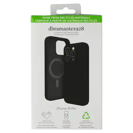MADE FROM RECYCLED MATERIALS
FABRIQUÉ À PARTIR DE MATÉRIAUX RECYCLÉS
dbramante1928
a case for the environment
un étui pour l'environnement
iPhone 15 Pro
silicone case silky, soft-touch finish
étui en silicone finition soyeuse et douce au toucher
MagSafe compatible
compatible MagSafe
made from recycled materials
fabriqué à partir de matériaux recyclés