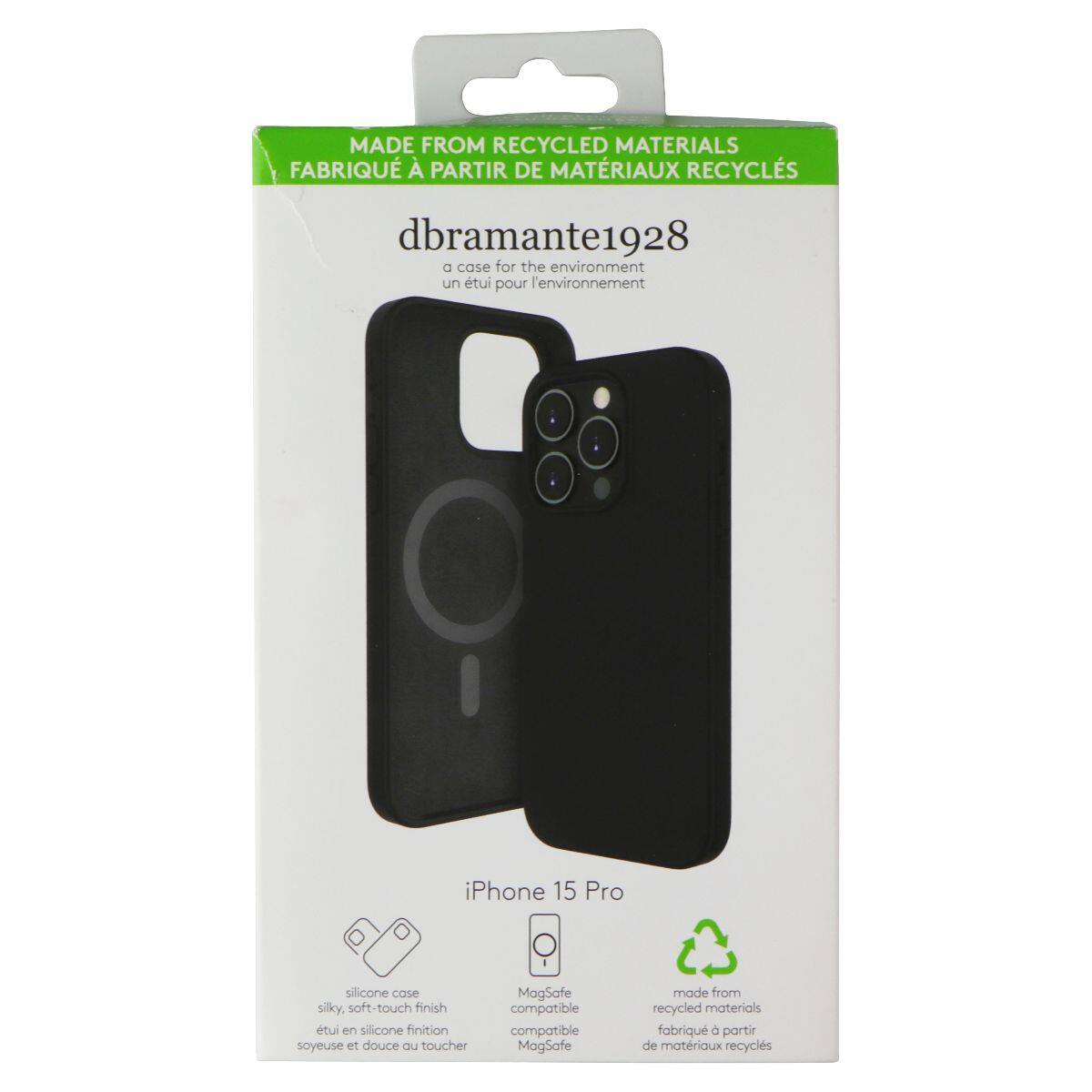 MADE FROM RECYCLED MATERIALS  
FABRIQUÉ À PARTIR DE MATÉRIAUX RECYCLÉS  

dbramante1928  
a case for the environment  
un étui pour l'environnement  

iPhone 15 Pro  
silicone case silky, soft-touch finish  
étui en silicone finition soyeuse et douce au toucher  

MagSafe compatible  
compatible MagSafe  

made from recycled materials  
fabriqué à partir de matériaux recyclés