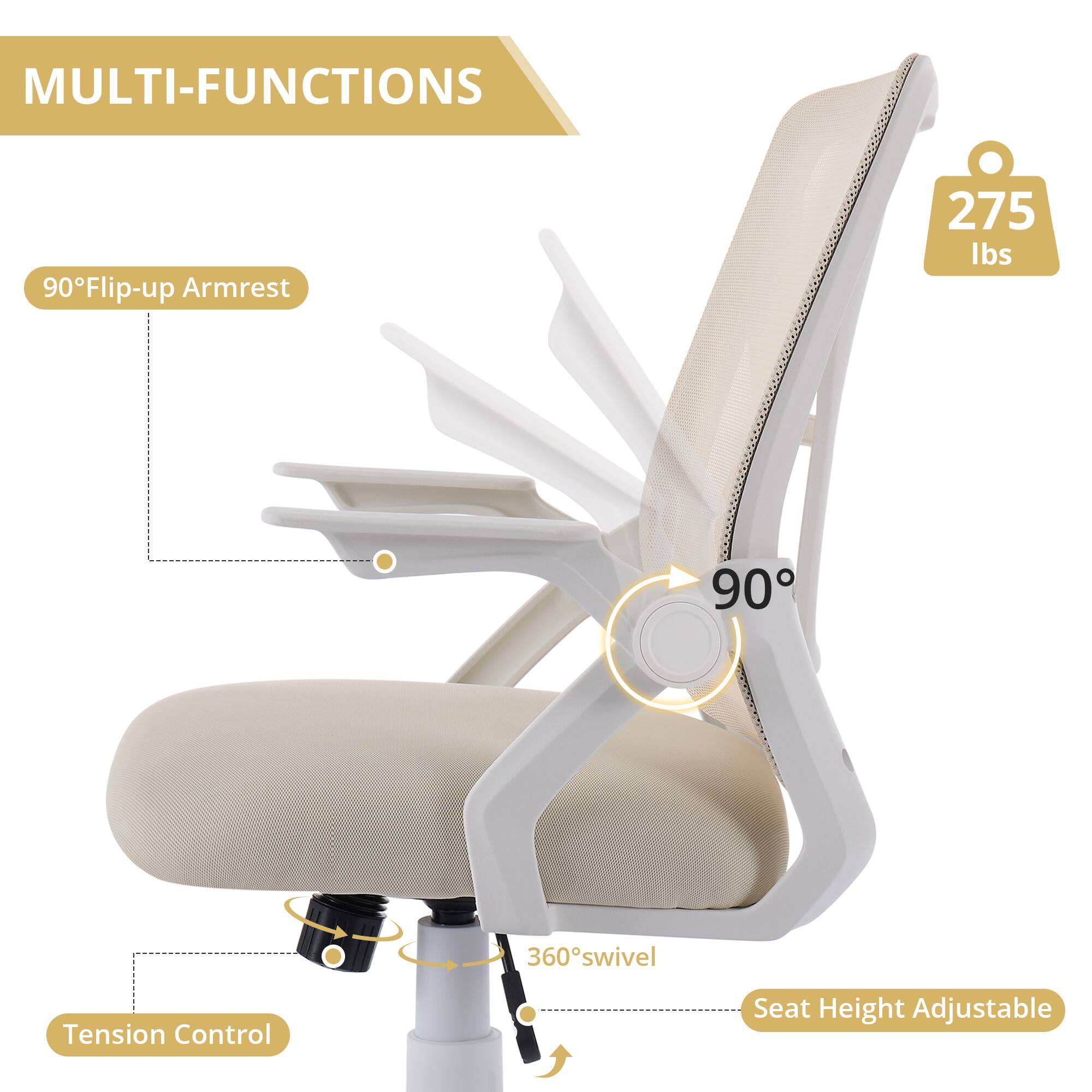 MULTI-FUNCTIONS

- 90° Flip-up Armrest
- 275 lbs
- 90°
- 360° swivel
- Tension Control
- Seat Height Adjustable