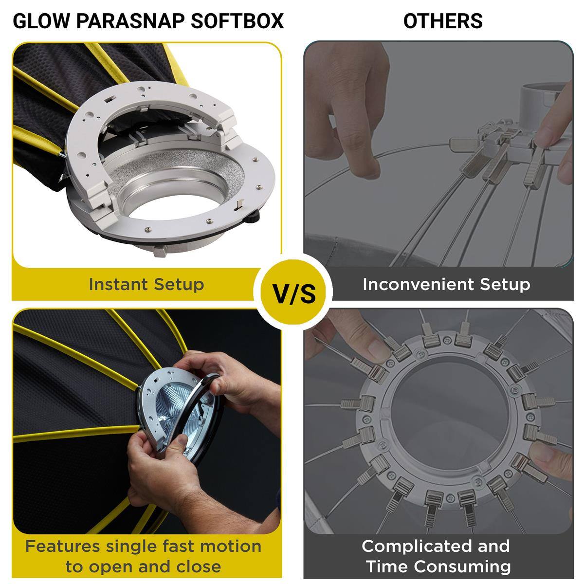 GLOW PARASNAP SOFTBOX

Instant Setup

Features single fast motion to open and close

OTHERS

Inconvenient Setup

Complicated and Time Consuming