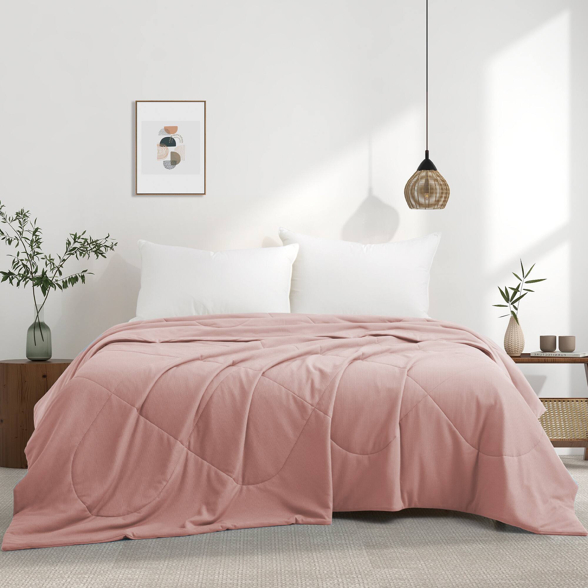 Front. Peace Nest - Peace Nest Lightweight Cooling Waffle Blanket Summer Reversible Comfort for Hot Sleepers, Pink, King - Pink.
