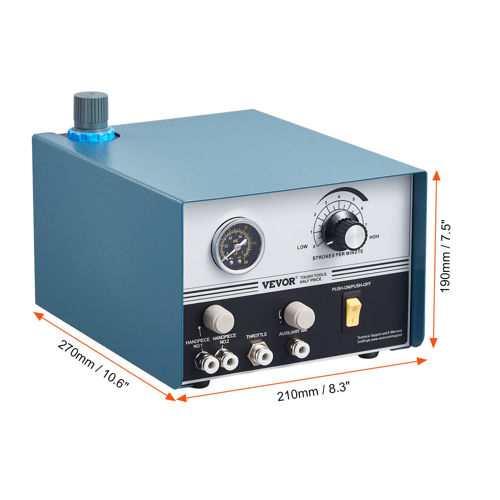 41: a 211 NOH LOW d PER MINUTE STROKES + TOUGH TOOLS HALF PRICE VEVOR PUSH-ON/PUSH-OFF 7.5" 190mm 270mm 10.6" AUXILIARY ARE Snp a NANDPIECE THROTTLE Technica -othig_t NHANDPEGE NO.2 Chin_ol NO1 210mm 8.3"

VEVOR  
TOUGH TOOLS, HALF PRICE  
PUSH-ON/PUSH-OFF  
STROKES PER MINUTE  
LOW  
HOH  
AUXILIARY JAR  
HANDPIECE NO.1  
HANDPIECE NO.2  
THROTTLE  
270mm / 10.6"  
190mm / 7.5"  
210mm / 8.3"