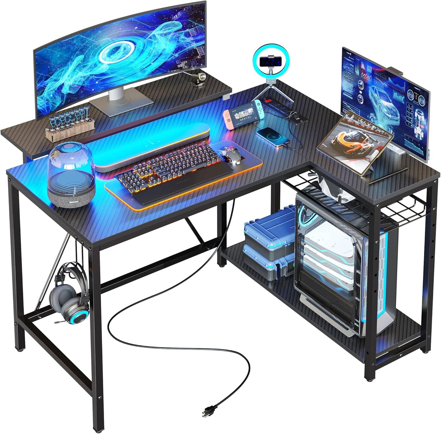 Front. Bestier - L-Shaped Gaming Desk with Power Outlets LED Lights and Reversible Storage Shelves & Hooks - 42" Wide - Black Carbon Fiber.