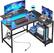 Front. Bestier - L-Shaped Gaming Desk with Power Outlets LED Lights and Reversible Storage Shelves & Hooks - 42" Wide - Black Carbon Fiber.