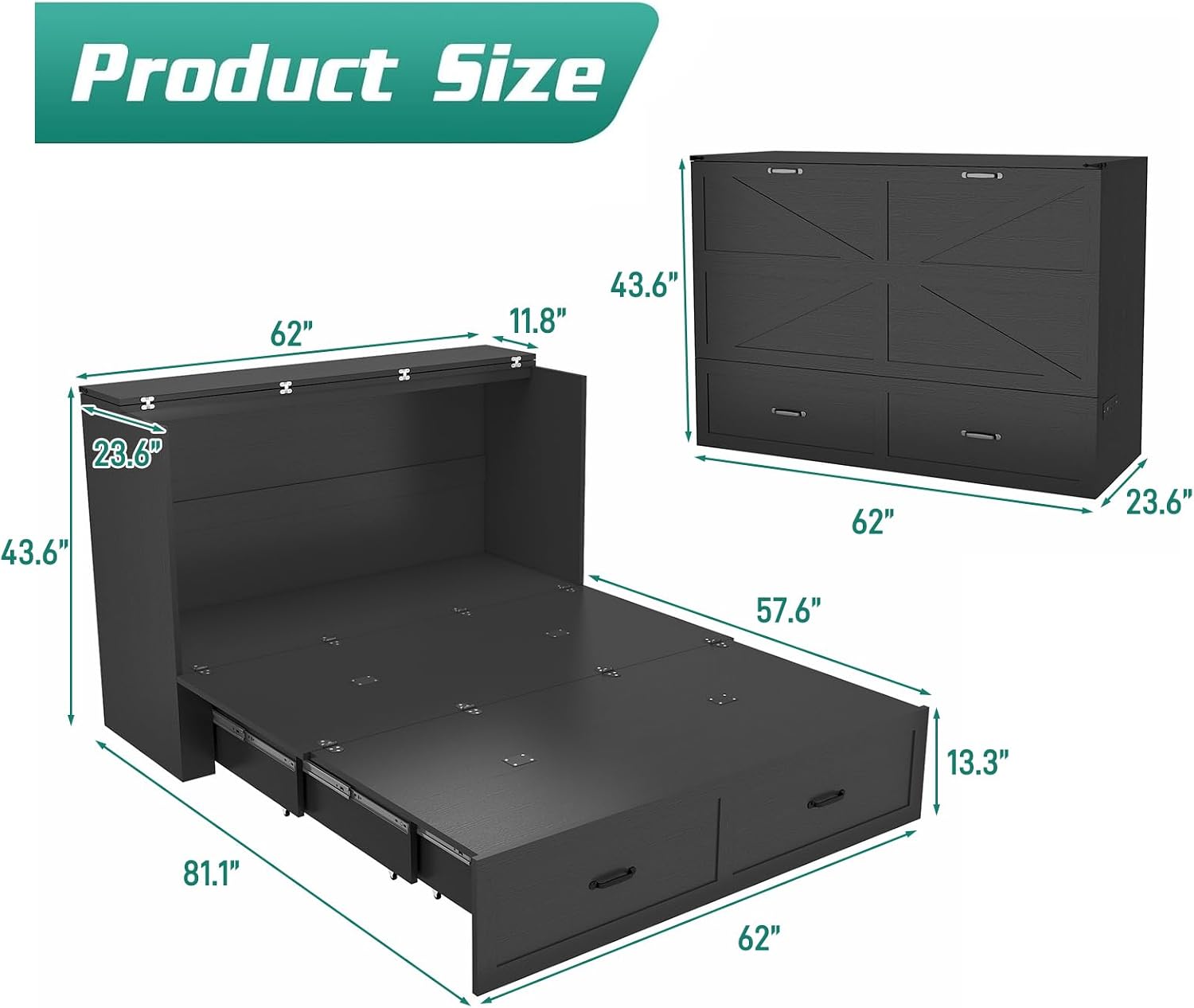 Product Size: 62" W x 11.8" D x 43.6" H, 23.6" D x 57.6" W x 13.3" D, 81.1" L