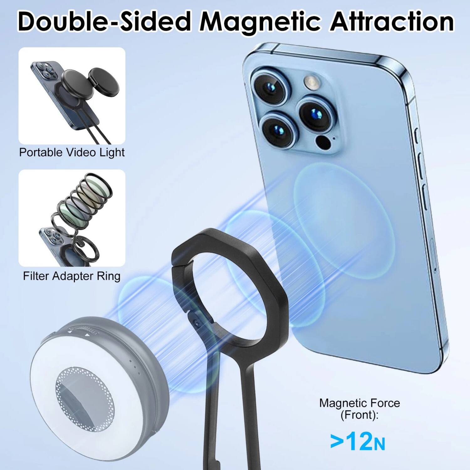 Double-Sided Magnetic Attraction

Portable Video Light

Filter Adapter Ring

Magnetic Force (Front): >12N