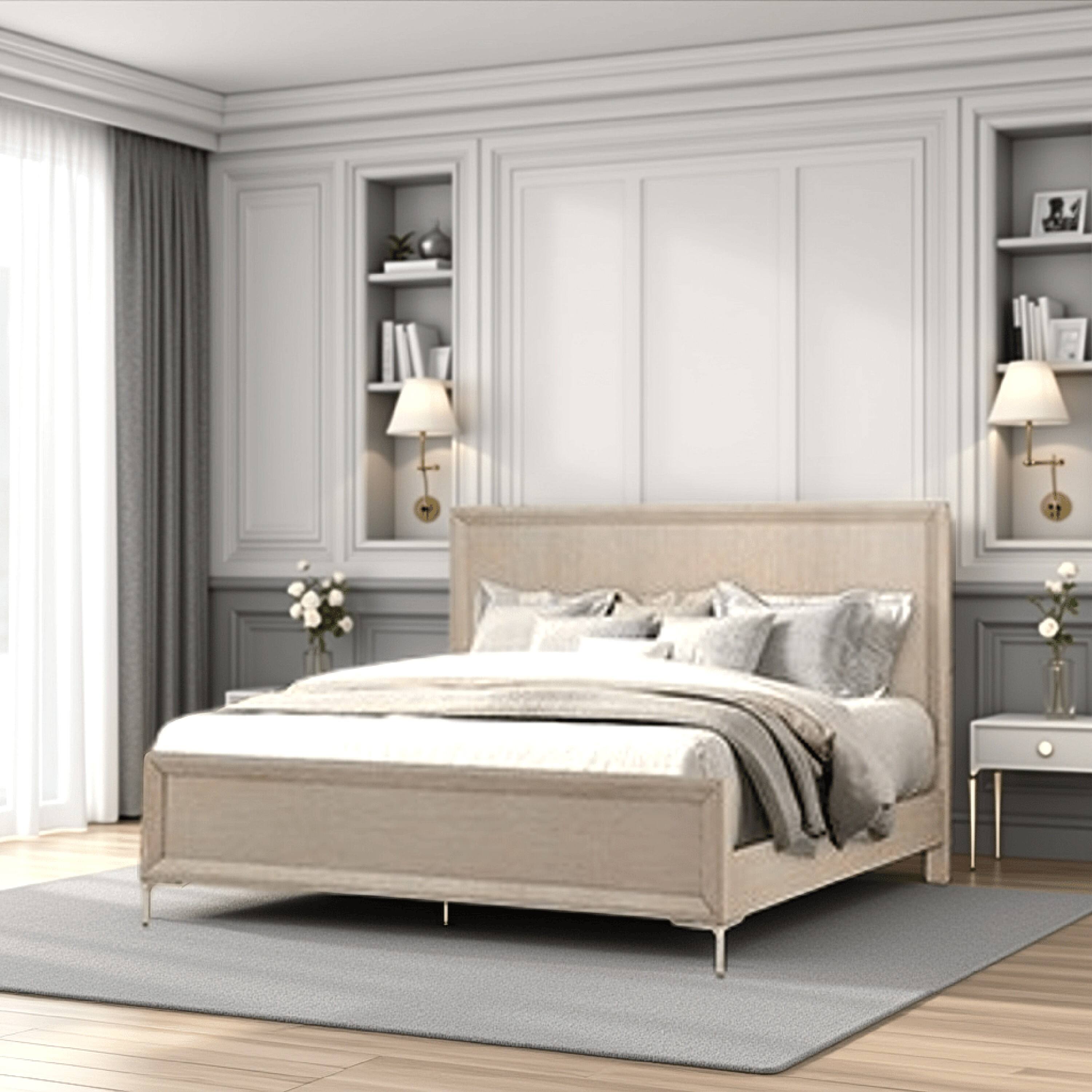 Alt View 5. Manhattan Lane - Kaira Queen Size Bed with Metal Accents, Natural Oak Solid Rubberwood - Natural Oak Brown, Champagne.