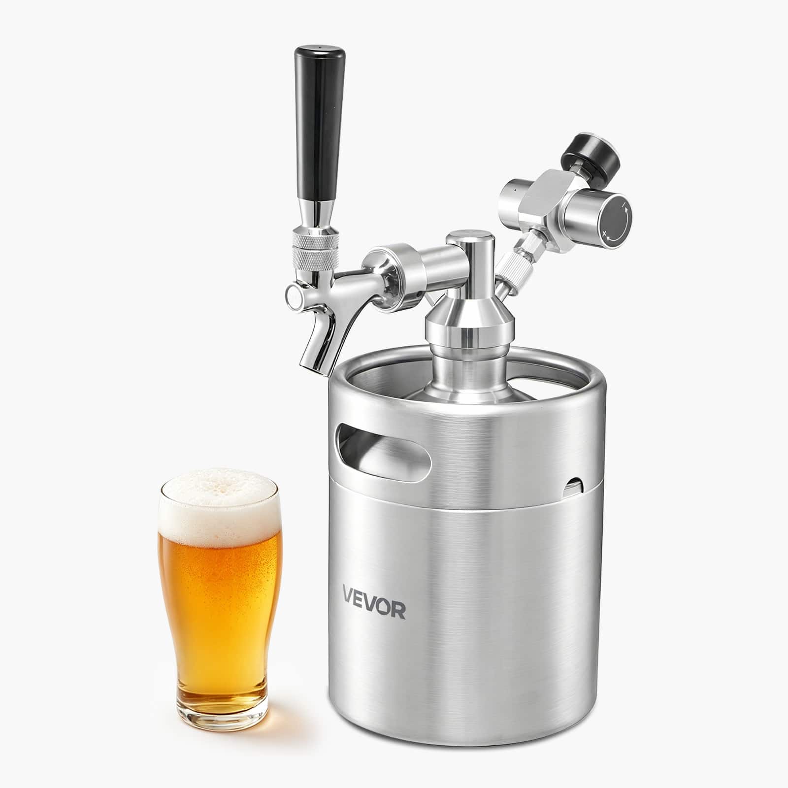VEVOR - 64oz Mini Keg, Pressurized Growler Tap System, 304 Stainless Steel Beer Kit, with Co2 Regulator, Self-Closing Faucet - Silver
