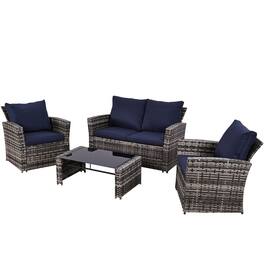 Ainfox - 4 Piece Outdoor Patio Furniture Sets, Wicker Conversation Sectional Set for Balcony Porch Backyard - bule