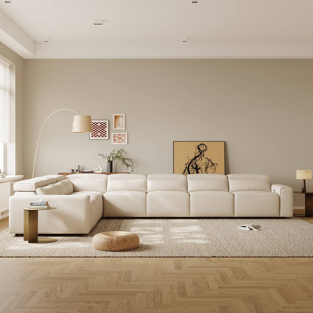 Left. POVISON - 171" Modern L-shaped Power Reclining Extendable Sofa,  Dual- charging, 2 Deep Seat 90°-145° Recline, ,Waterproof, Black - Beige Sustainable Leather.
