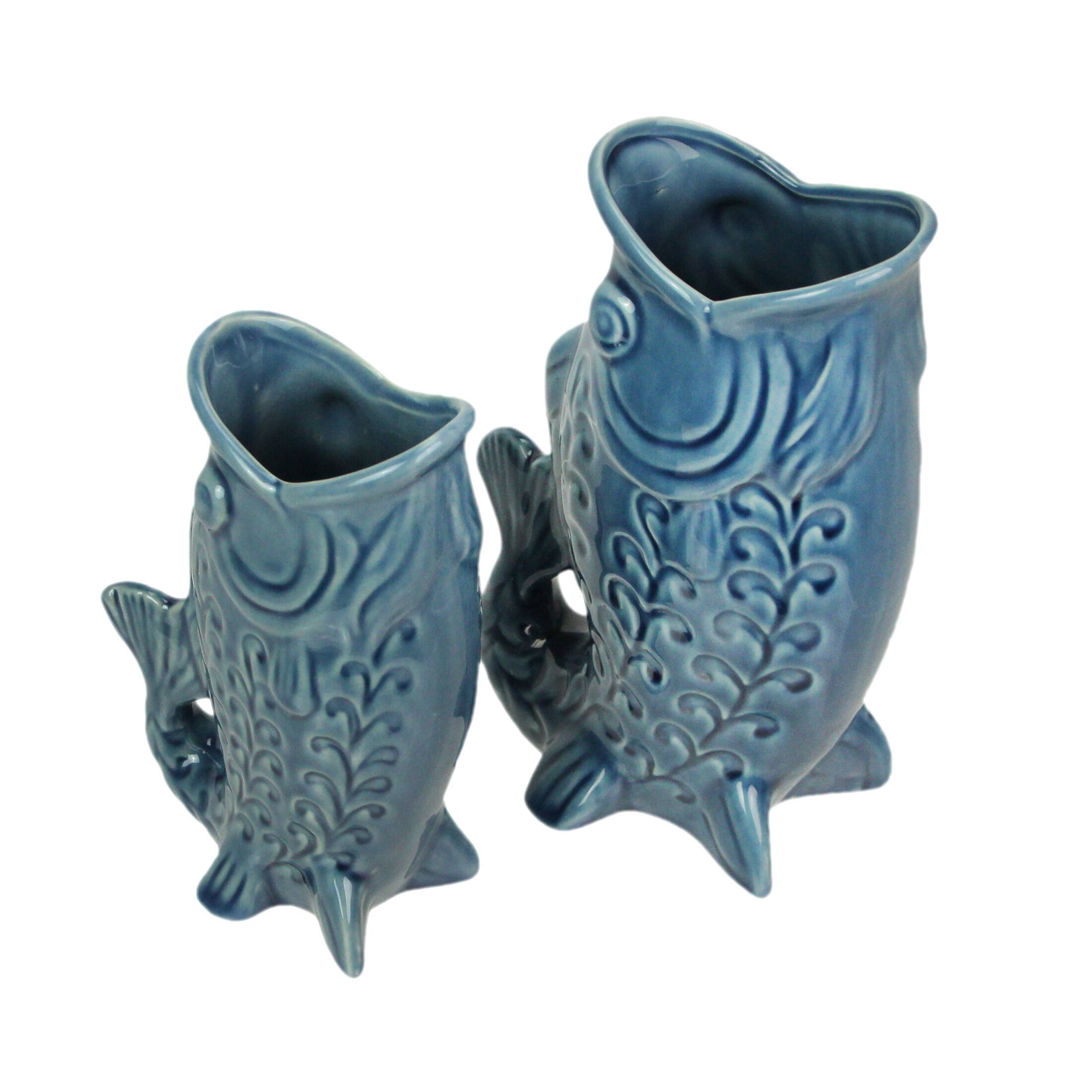 Alt View 1. Zeckos - Blue Fish Decorative Vases Set of 2 Glossy Ceramic Coastal Tabletop - Blue.
