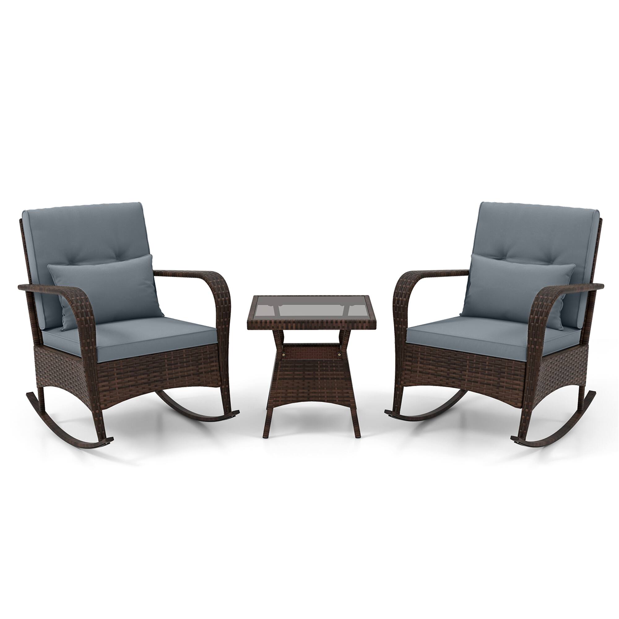 Alt View 9. Gymax - Gymax 3PCS Outdoor Rocking Set Rattan Rocker Chairs w/ Tempered Glass Coffee Table Wicker Rocker Set Grey - Gray.