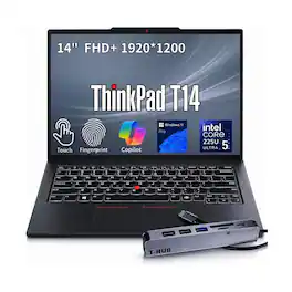 Lenovo - Upgraded - ThinkPad T14 14" FHD+ Touch - Ultra 5 225U - 64GB RAM 1TB SSD - Copilot - FP Reader - Backlit KB - 7-in-1 USB-C Hub - Black