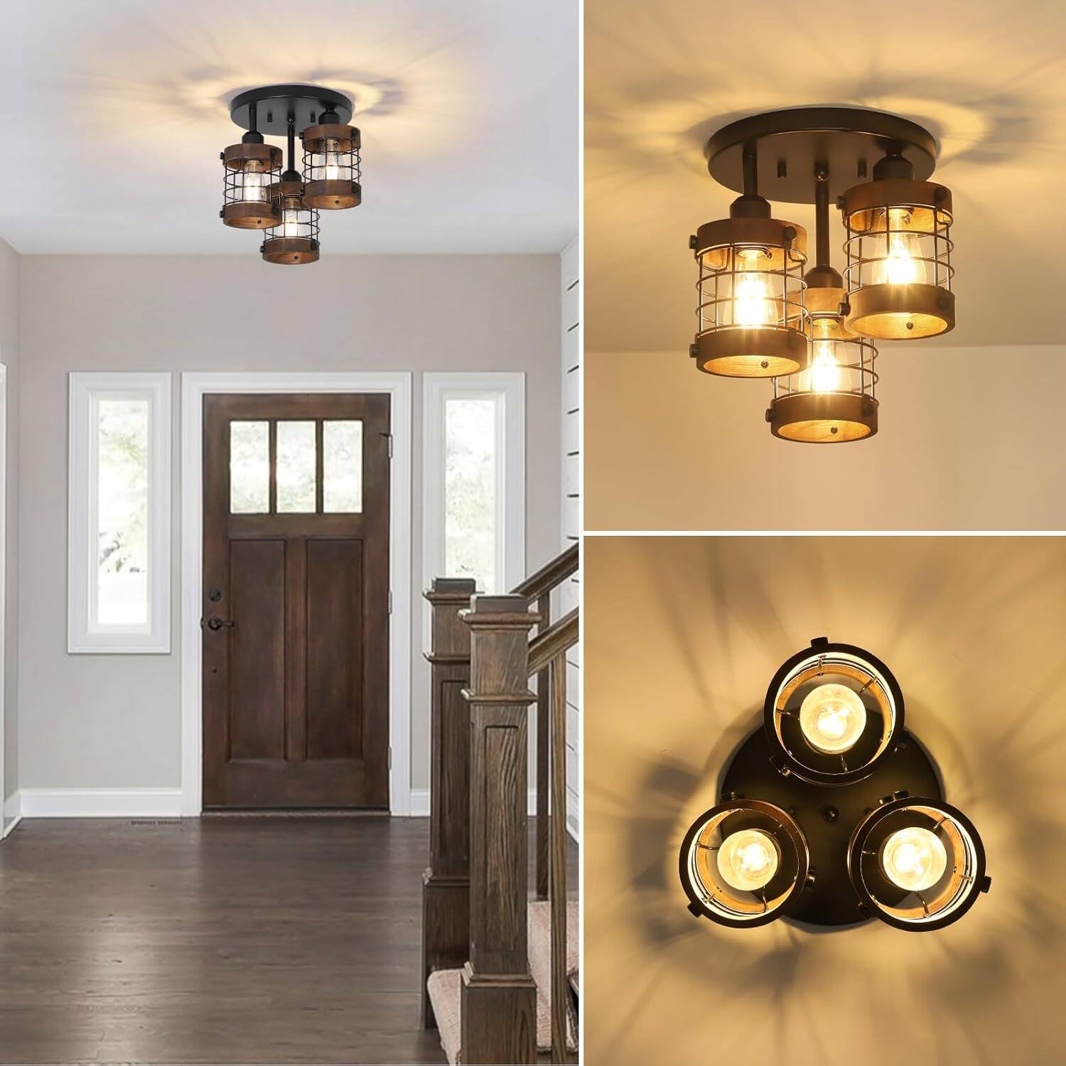 Back. Z-Edge - Semi Flush Mount Ceiling Light,3-Light Farmhouse Chandelier Light Fixtures Ceiling Mount for Dining Room Kitchen Bedroom - Brown.