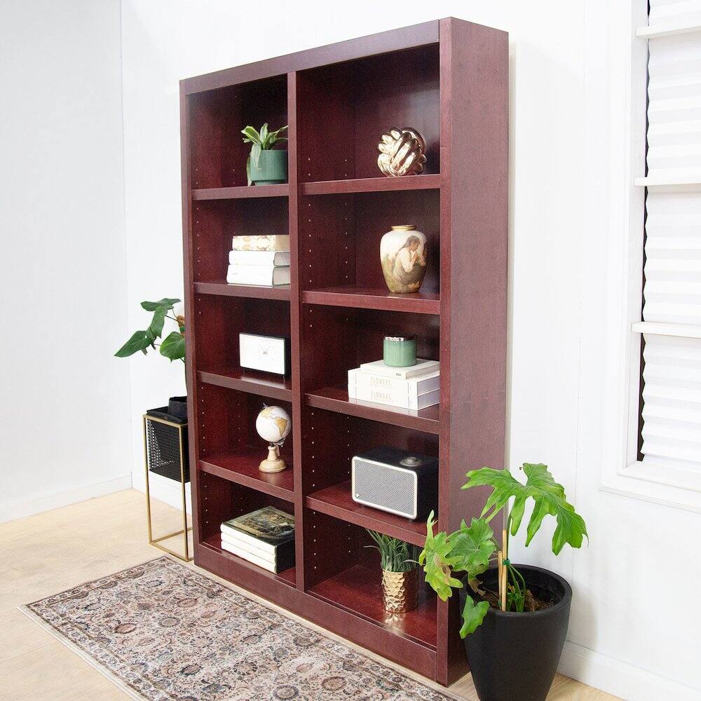 Alt View 2. Concepts in Wood - Double Wide Bookcase 10 Shelves Cherry Finish - Red.