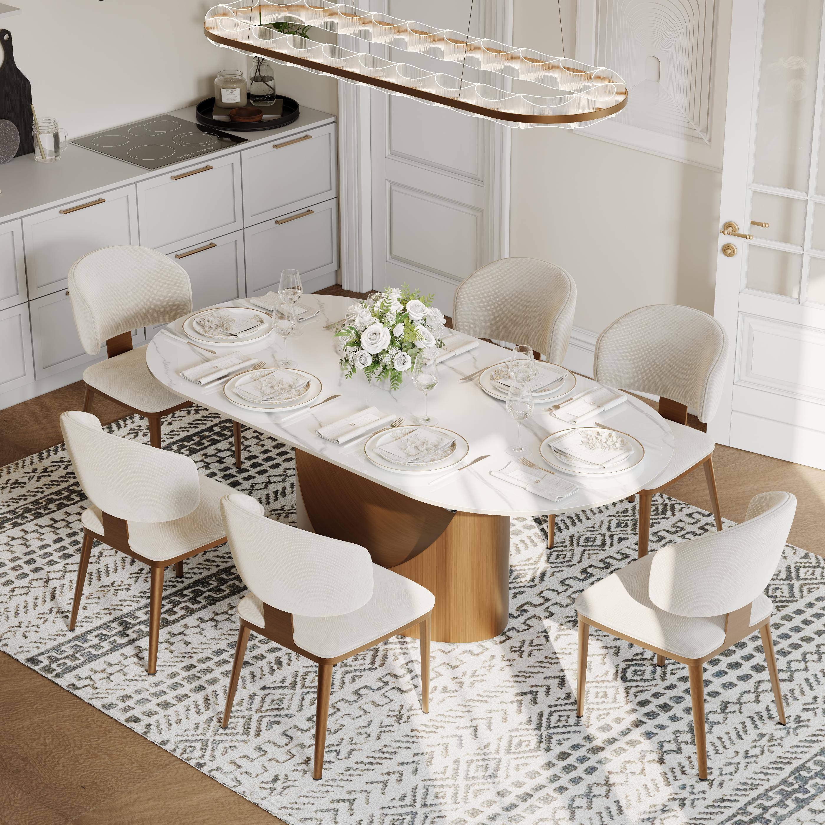 Angle. POVISON - Modern Upholstered Dining Chairs Set of 2, Cotton Linen Accent Chairs, Side Chairs with Curved Back, Fully Assembled - Beige & Bronze.