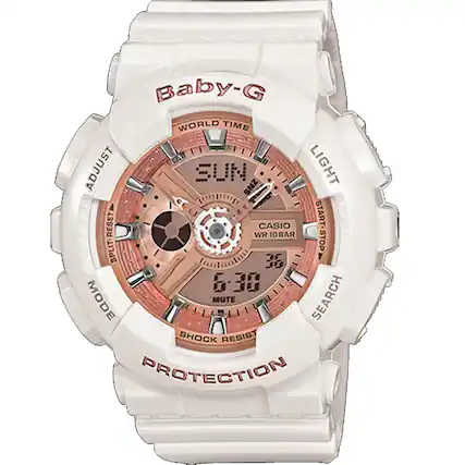 Baby-G WORLD TIME ADJUST SUN SNZ LIGHT RESET WR 10BAR CASIO START-STOP SPLIT- 3 630 MODE MUTE SEARCH SHOCK RESIST PROTECTION