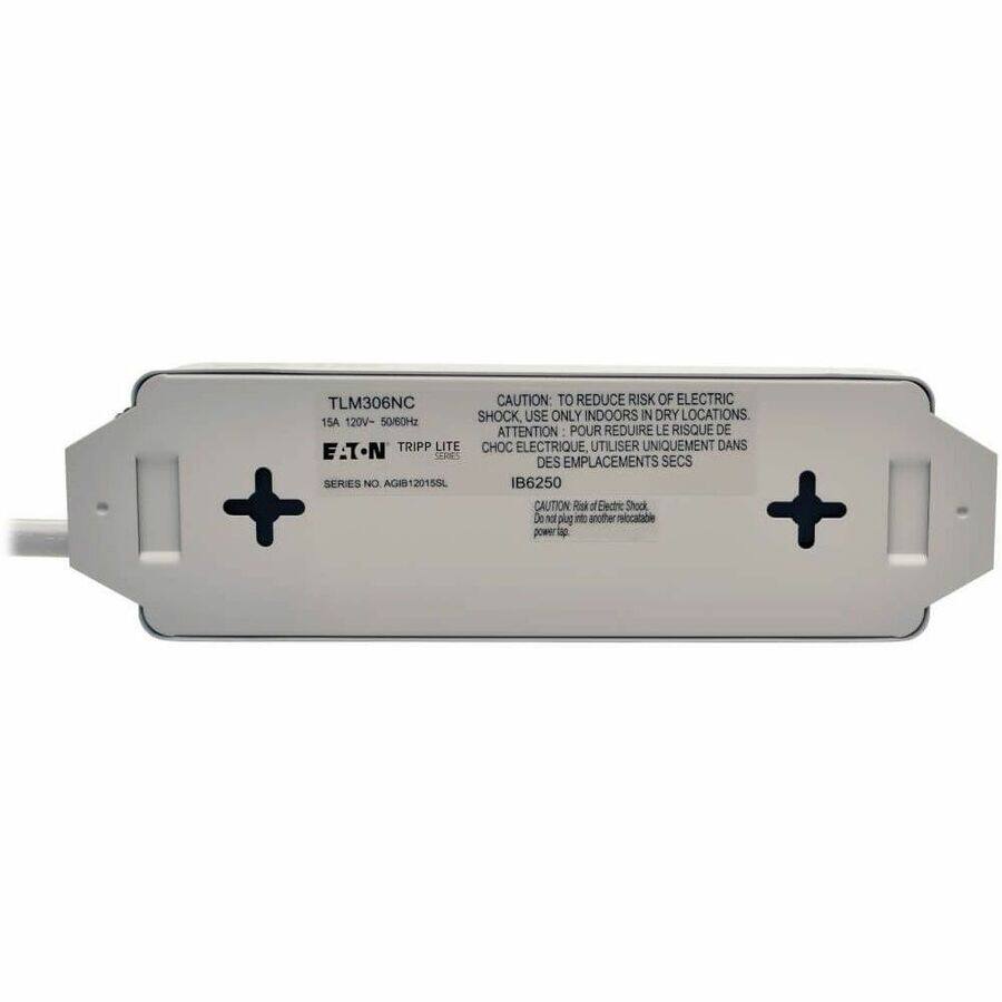TLM306NC  
15A 120V-50/60Hz  

CAUTION: TO REDUCE RISK OF ELECTRIC SHOCK, USE ONLY INDOORS IN DRY LOCATIONS.  
ATTENTION: POUR REDUIRE LE RISQUE DE CHOC ELECTRIQUE, UTILISER UNIQUEMENT DANS DES EMPLACEMENTS SECS  

EATON TRIPP-LITE  
SERIES NO. AGH12015SL  
IB6250  

CAUTION: Risk of Electric Shock.  
Do not plug into another relocatable power tap.