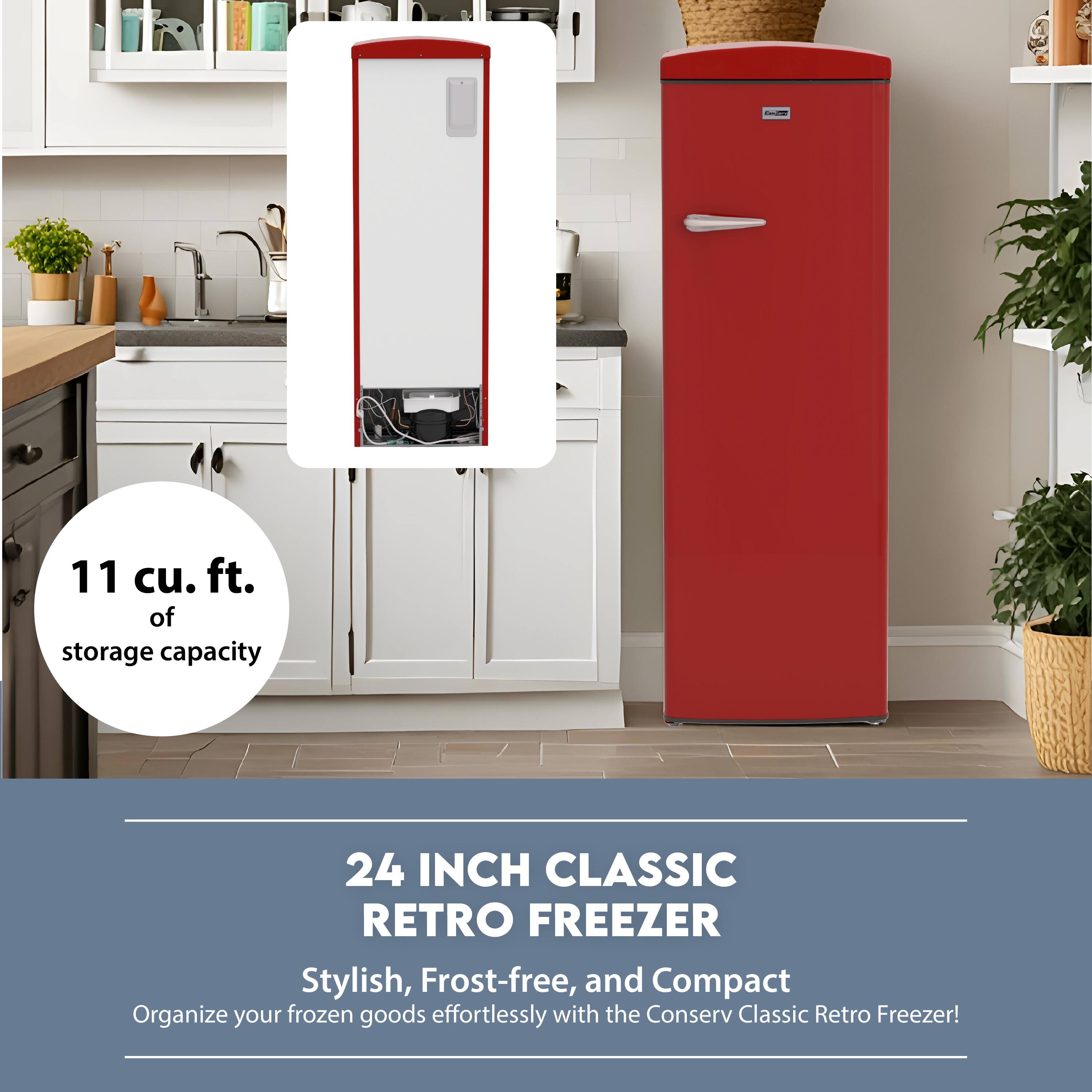 11 cu. ft. of storage capacity

24 INCH CLASSIC RETRO FREEZER

Stylish, Frost-free, and Compact

Organize your frozen goods effortlessly with the Conserv Classic Retro Freezer!