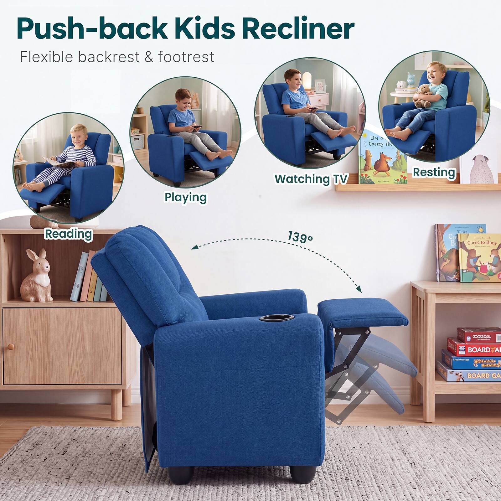 Push-back Kids Recliner  
Flexible backrest & footrest

Playing  
Watching TV  
Resting  
Reading

139°

Coope Grilled Corn  
LO Rony  
GOOK30AU  
BOARD Al  
2017 teltugh SCROWER I BREALOS  
BOARD GA