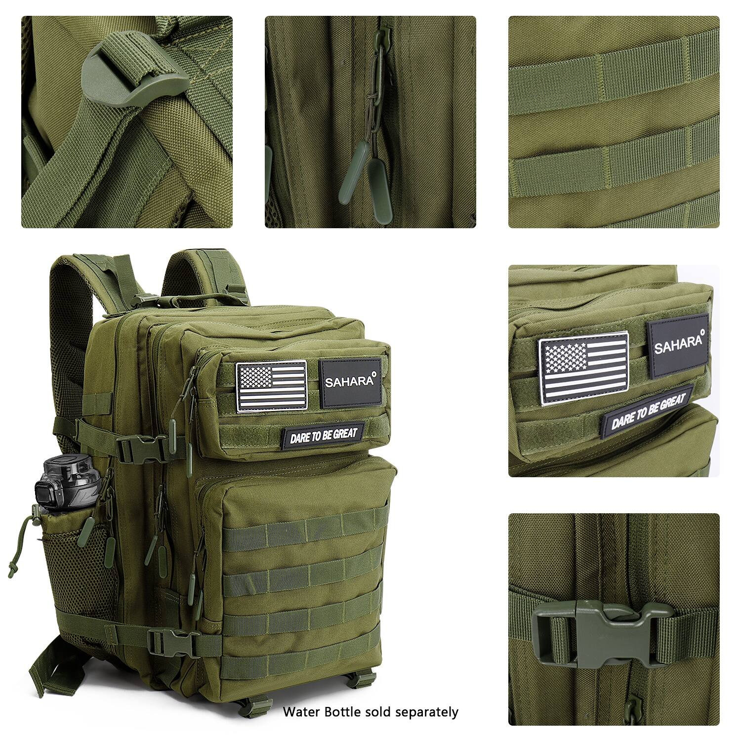 The text on the image is grouped as follows:

1. SAHARA DARE TO BE GREAT SAHARA BE GREAT TO DARE
2. Water Bottle sold separately