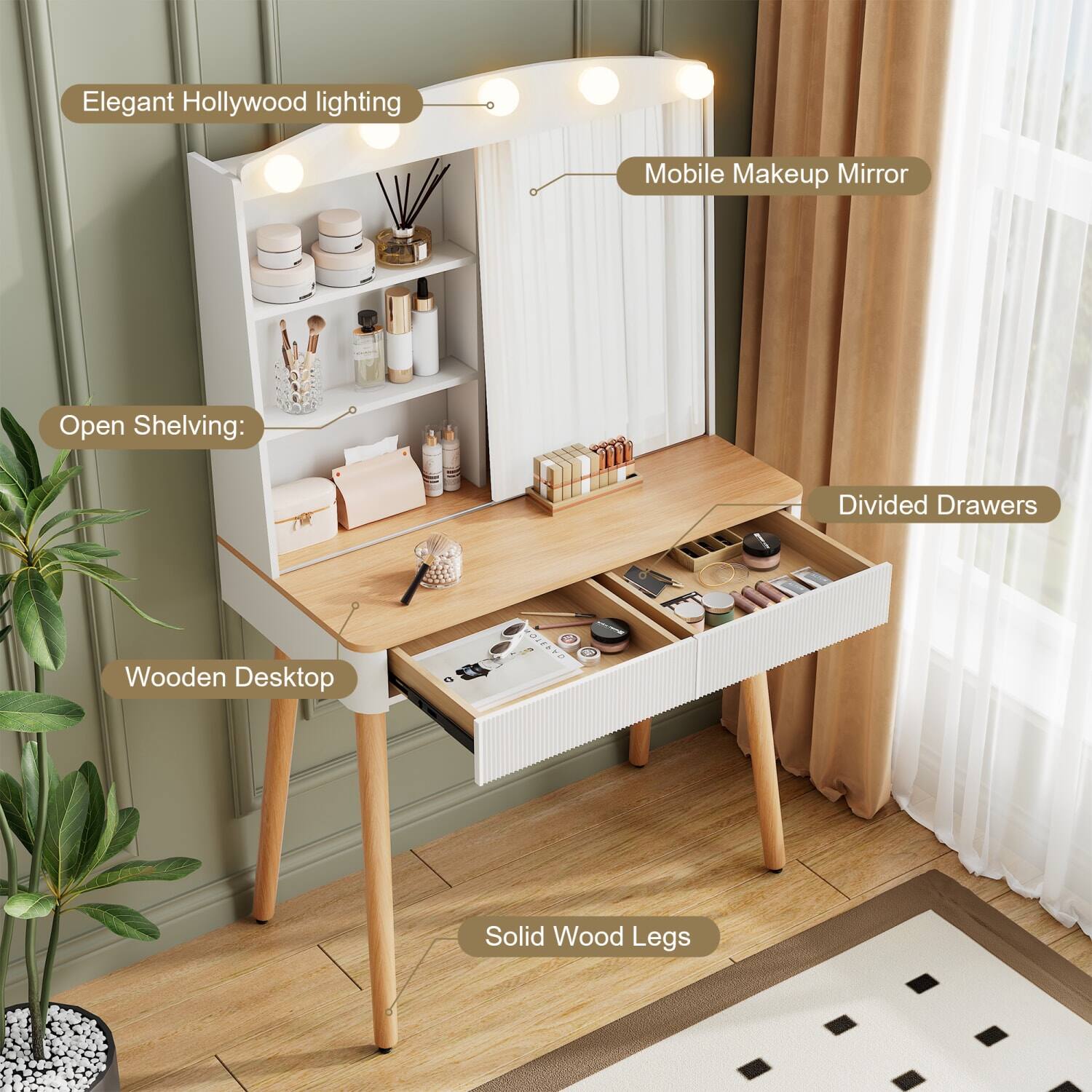 - Elegant Hollywood lighting
- Mobile Makeup Mirror
- Open Shelving:
- Divided Drawers
- Wooden Desktop
- Solid Wood Legs