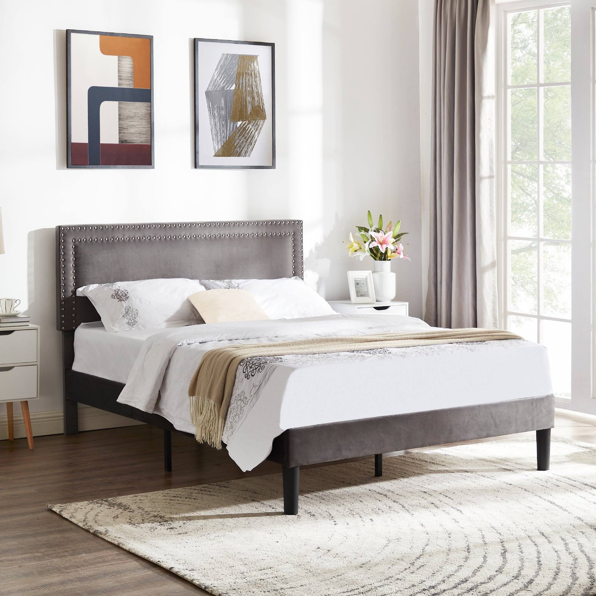 Alt View 1. Vecelo - Full Size Platform Bed Frame with Adjustable Upholstered Headboard, Strong Wood Slat Support,No Box Spring Needed - Dark Gray.